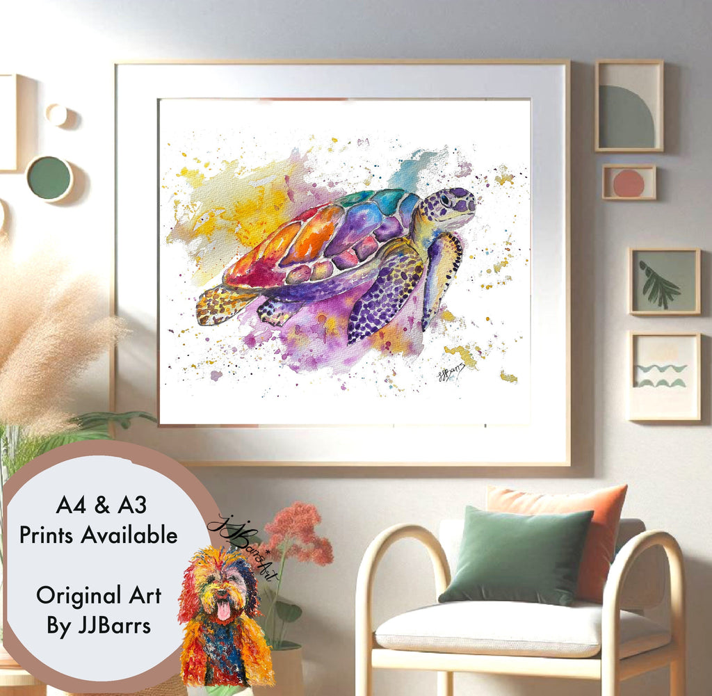 Colourful turtle JJ Barrs using colourful watercolour l fine art Painting Print-The Wild Fig &amp; Fern
