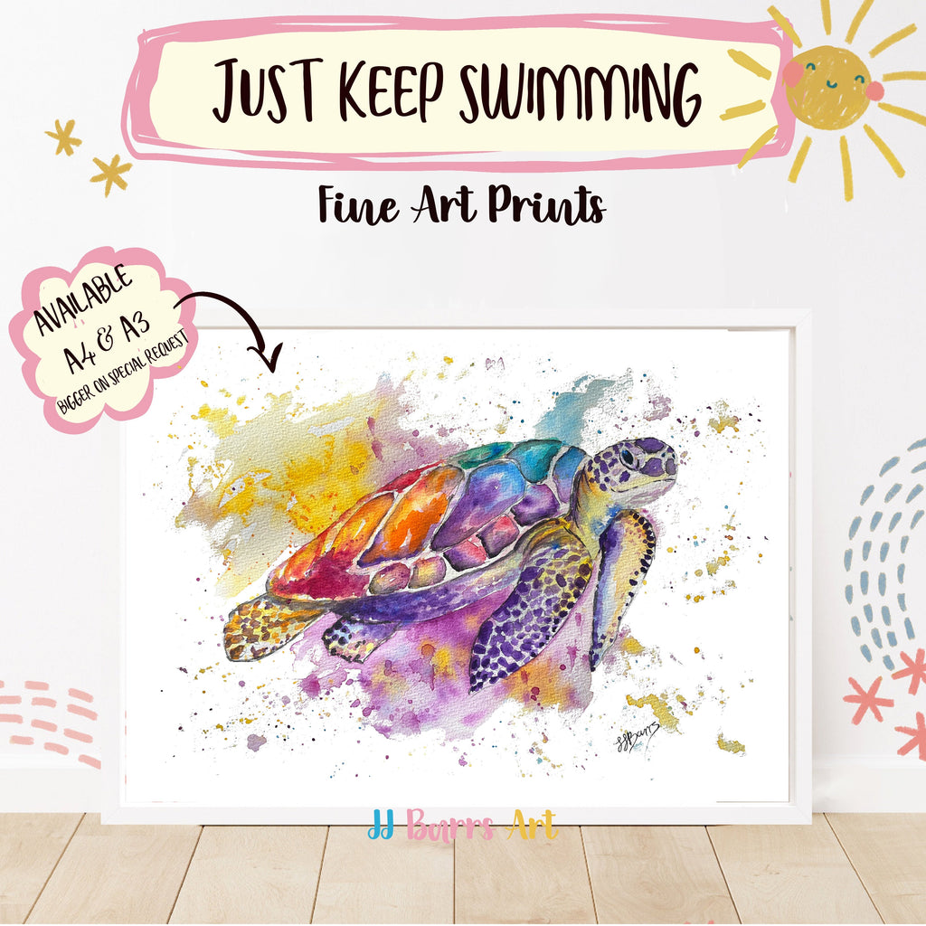 Colourful turtle JJ Barrs using colourful watercolour l fine art Painting Print-The Wild Fig &amp; Fern