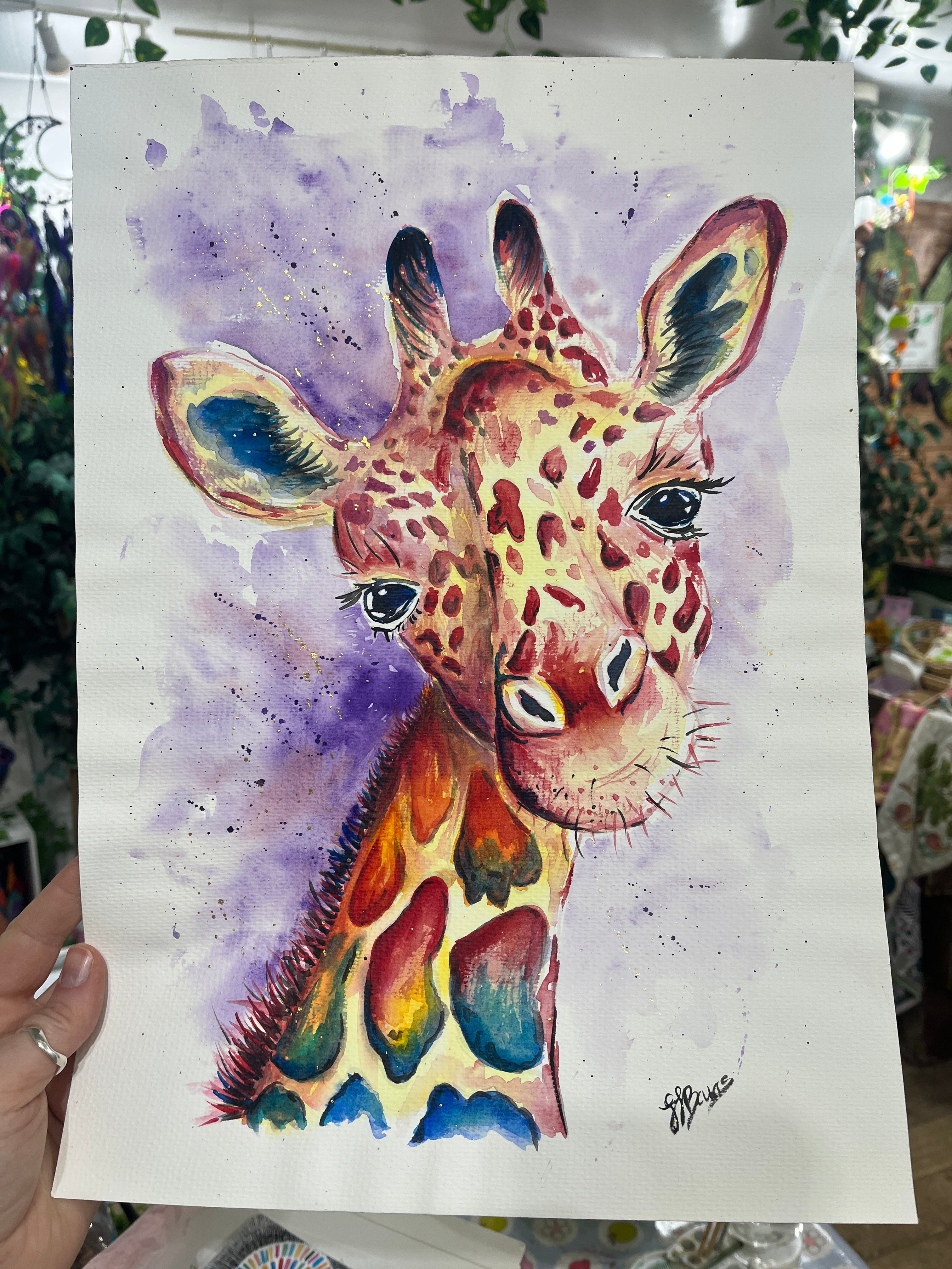 colourful giraffe watercolour painting original the wild fig and fern