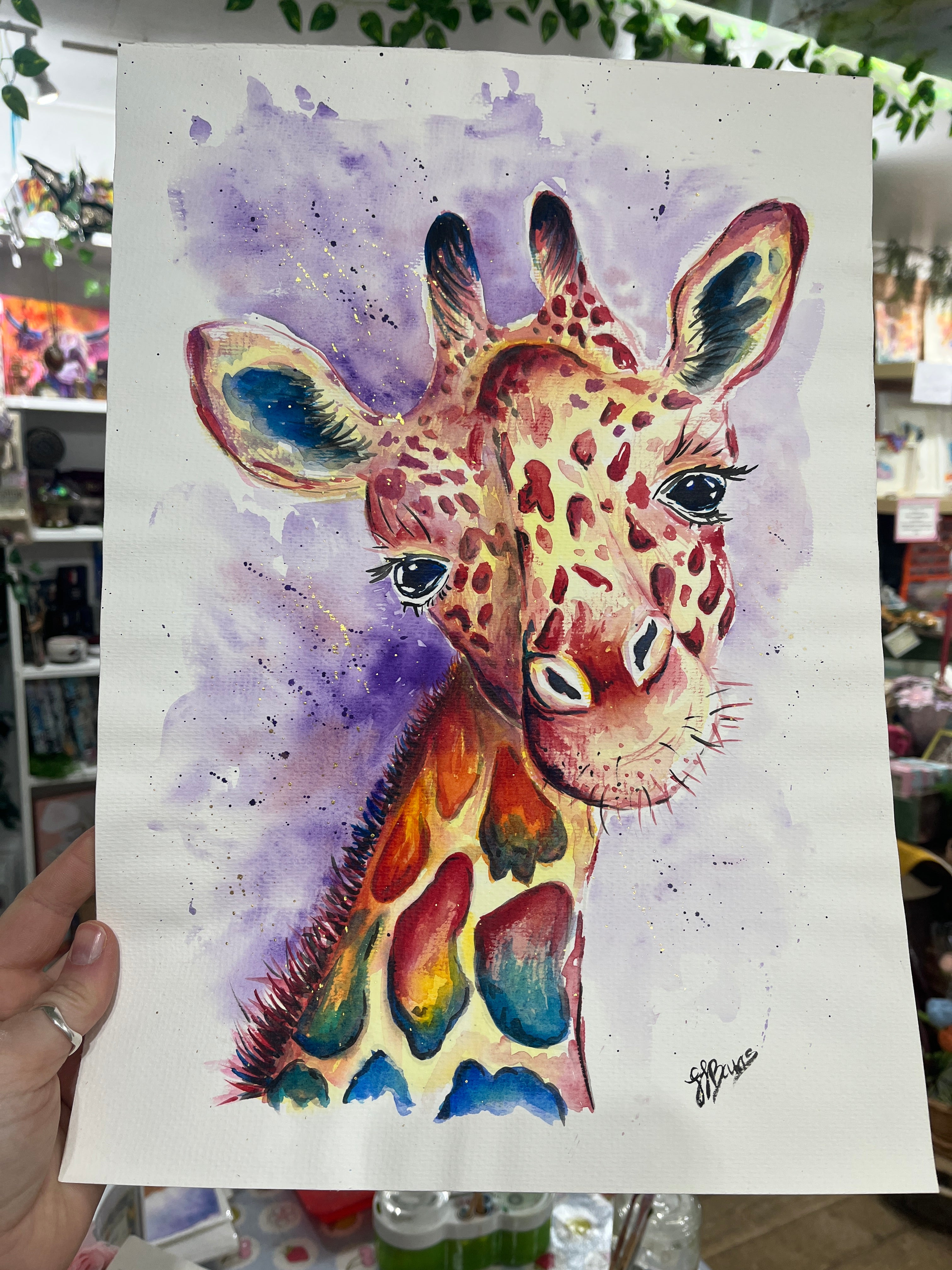 colourful giraffe watercolour painting original the wild fig and fern