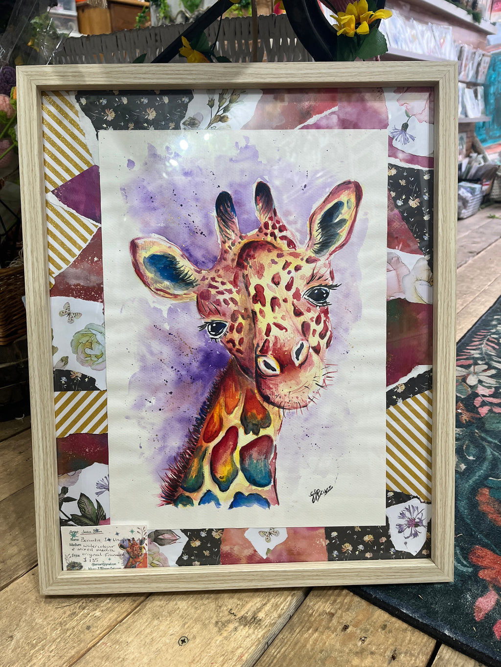 colourful giraffe watercolour painting original the wild fig and fern jj barrs art
