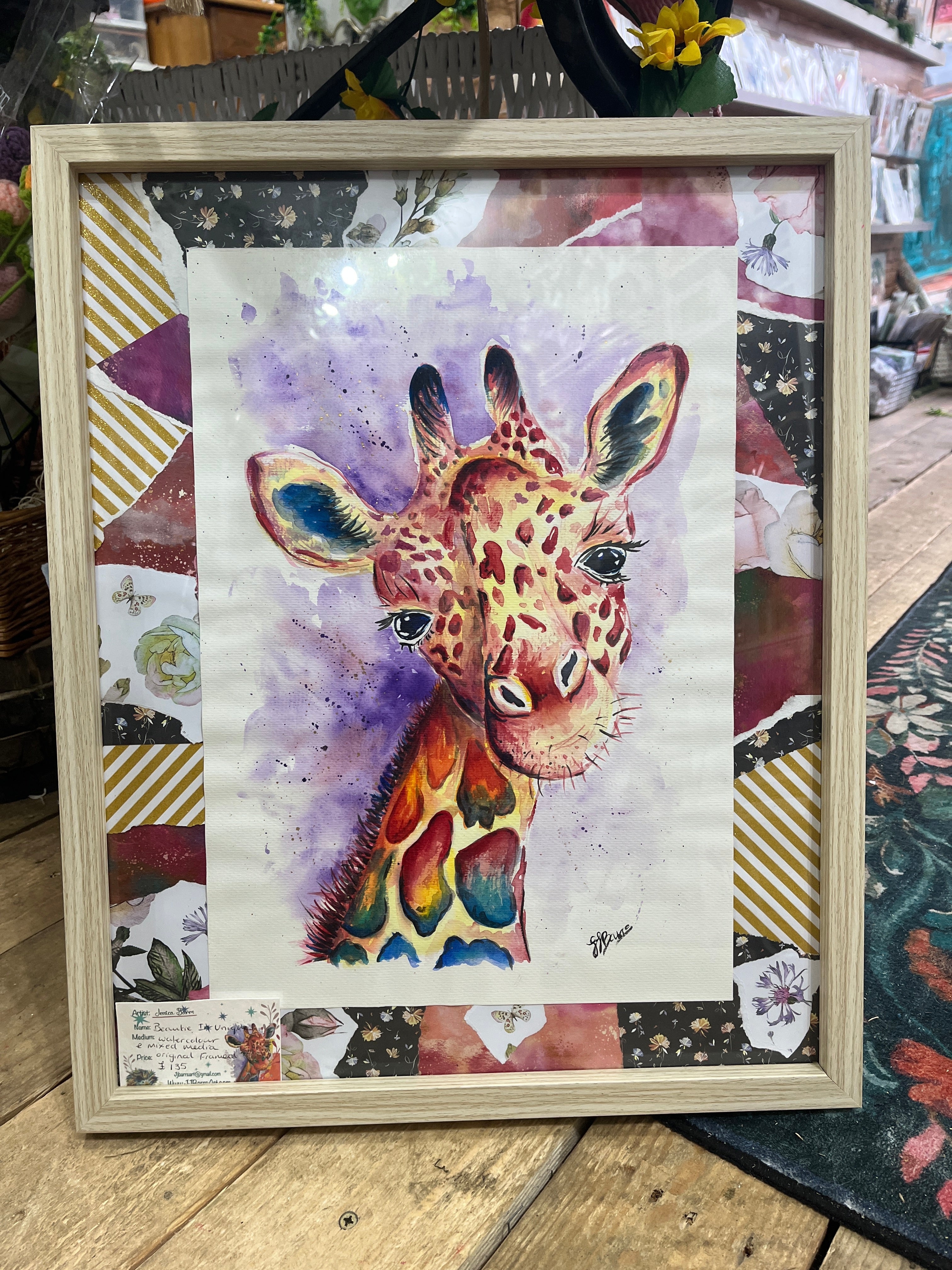 colourful giraffe watercolour painting original the wild fig and fern jj barrs art