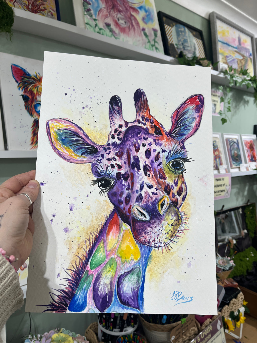 colourful giraffe watercolour painting original the wild fig and fern jj barrs art