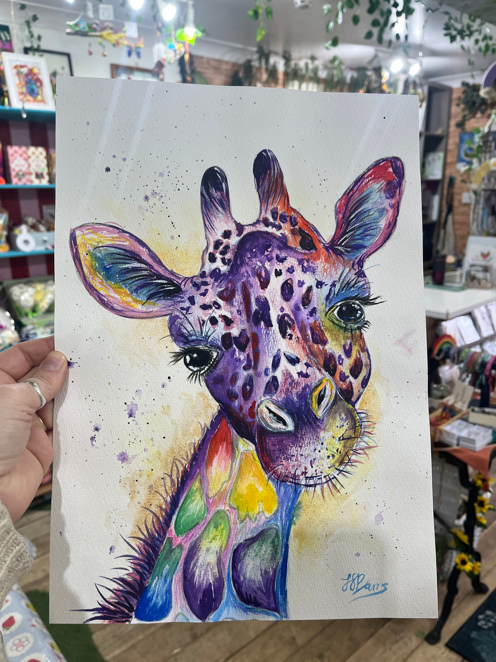 colourful rainbow purple giraffe watercolour painting original the wild fig and fern jj barrs art