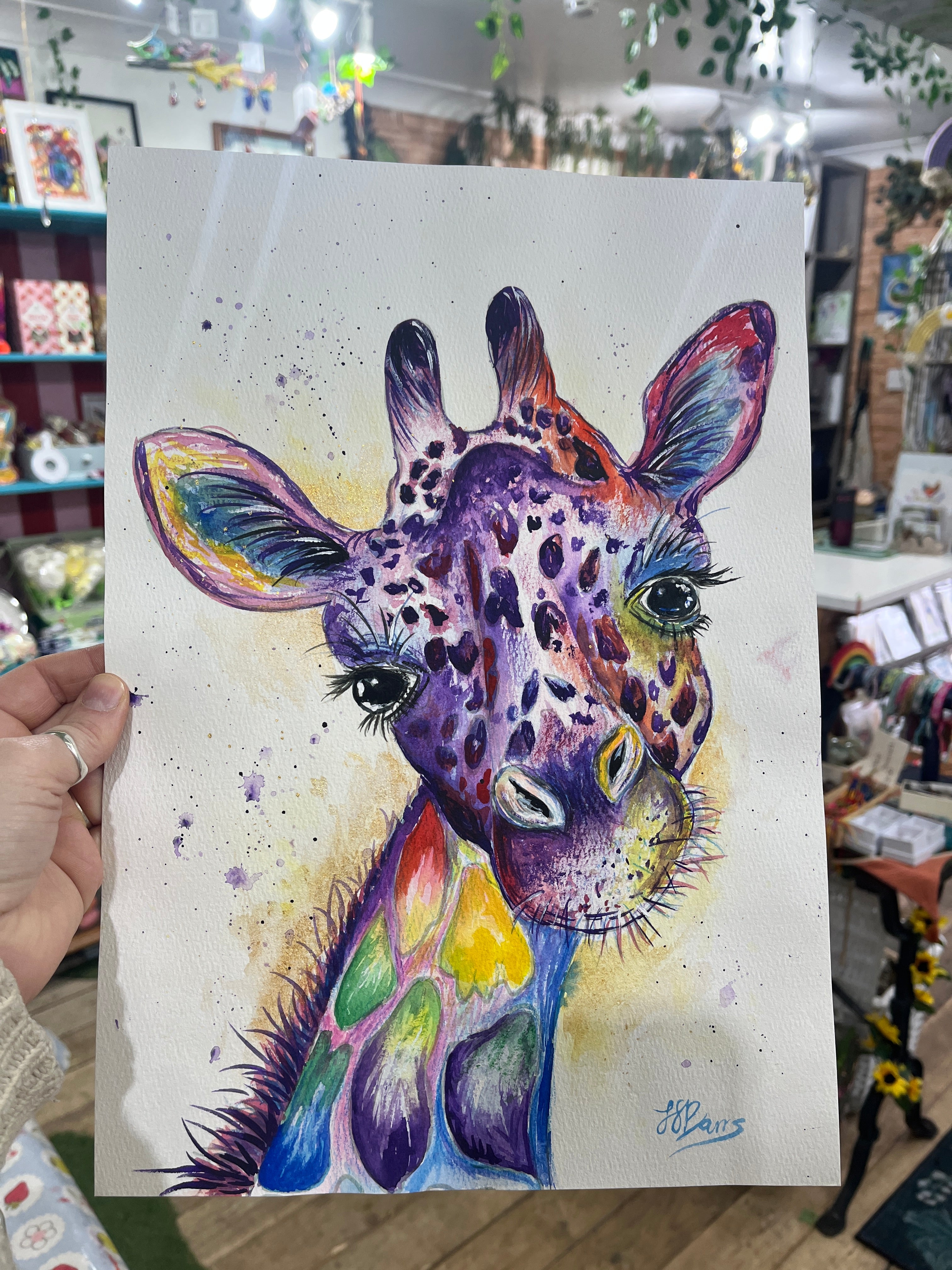 colourful rainbow purple giraffe watercolour painting original the wild fig and fern jj barrs art