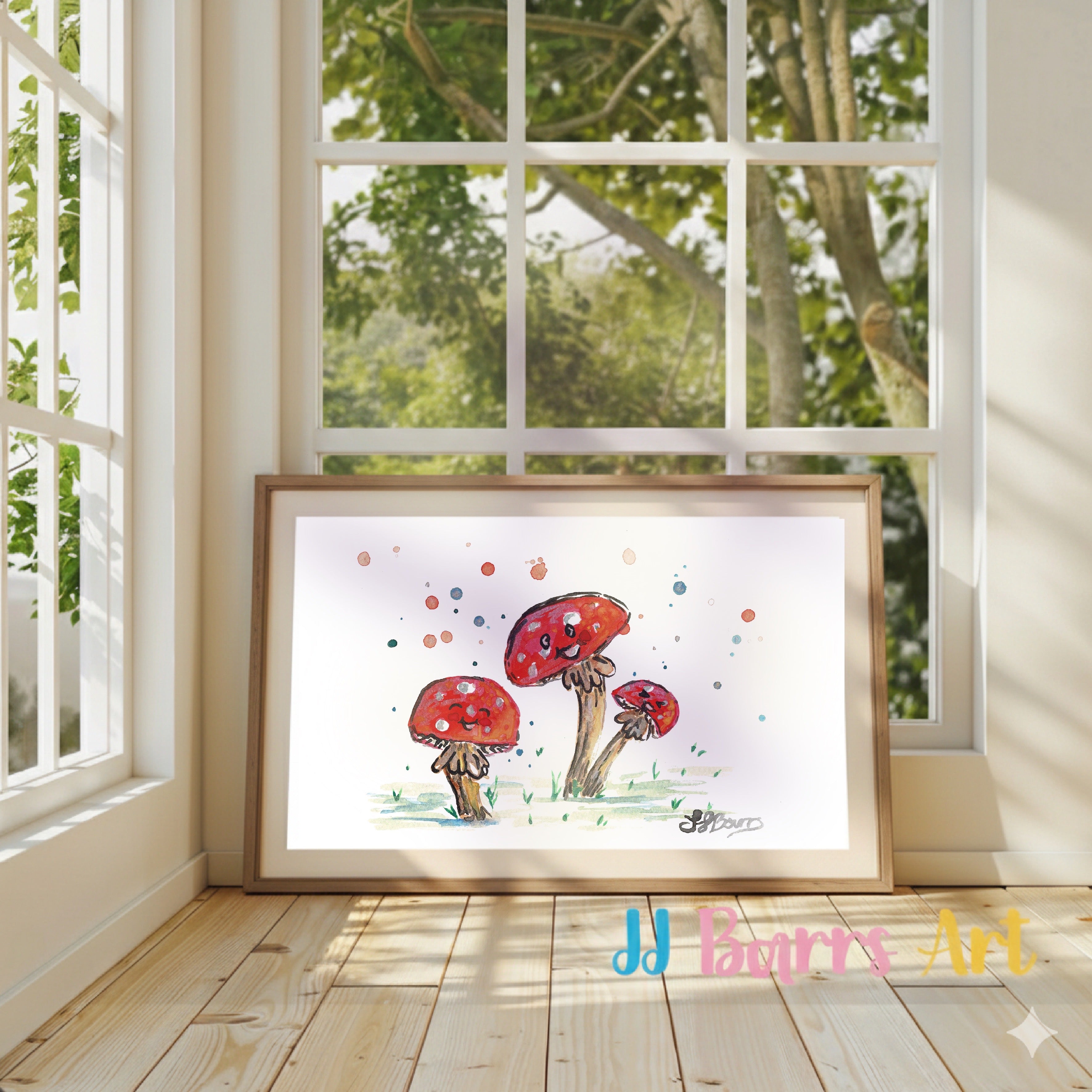 colourful mushroom painting illustration of a toadstal family