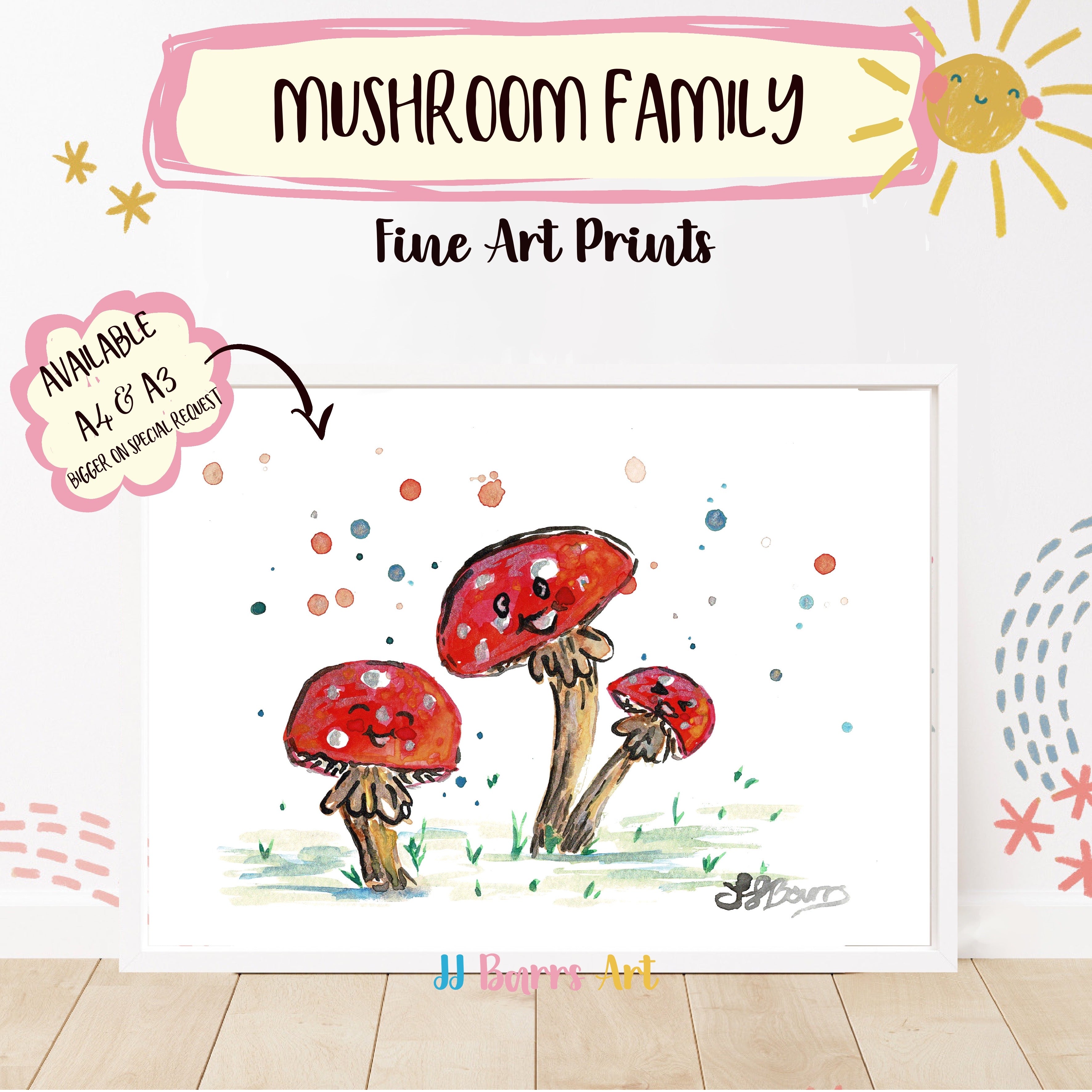 colourful whimsical Illustration of a mushroom family with a sun and text about fine art prints.