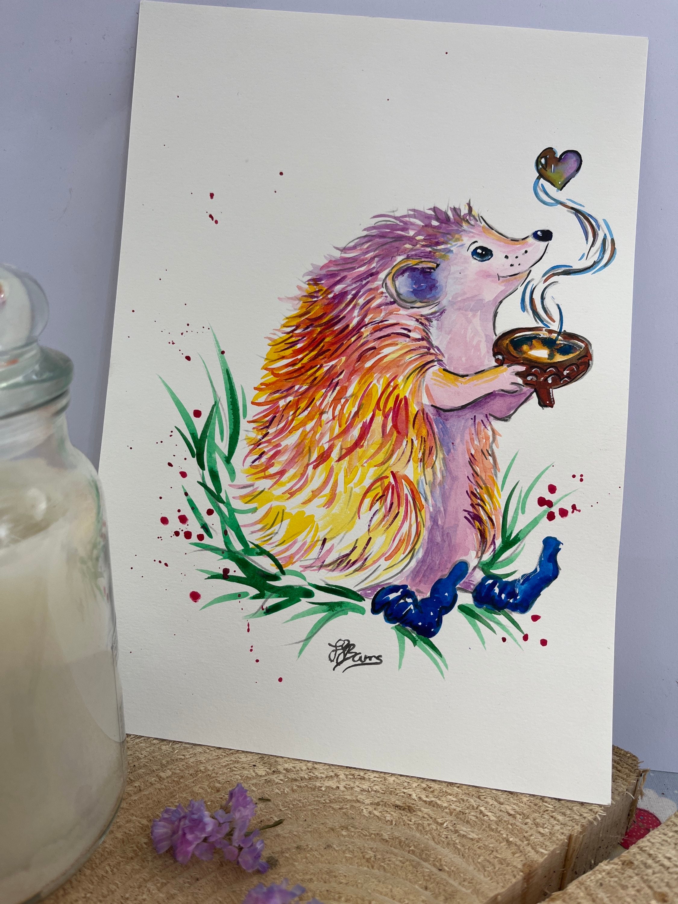 Original Painting rainbow hedgehog in watercolour  image 1