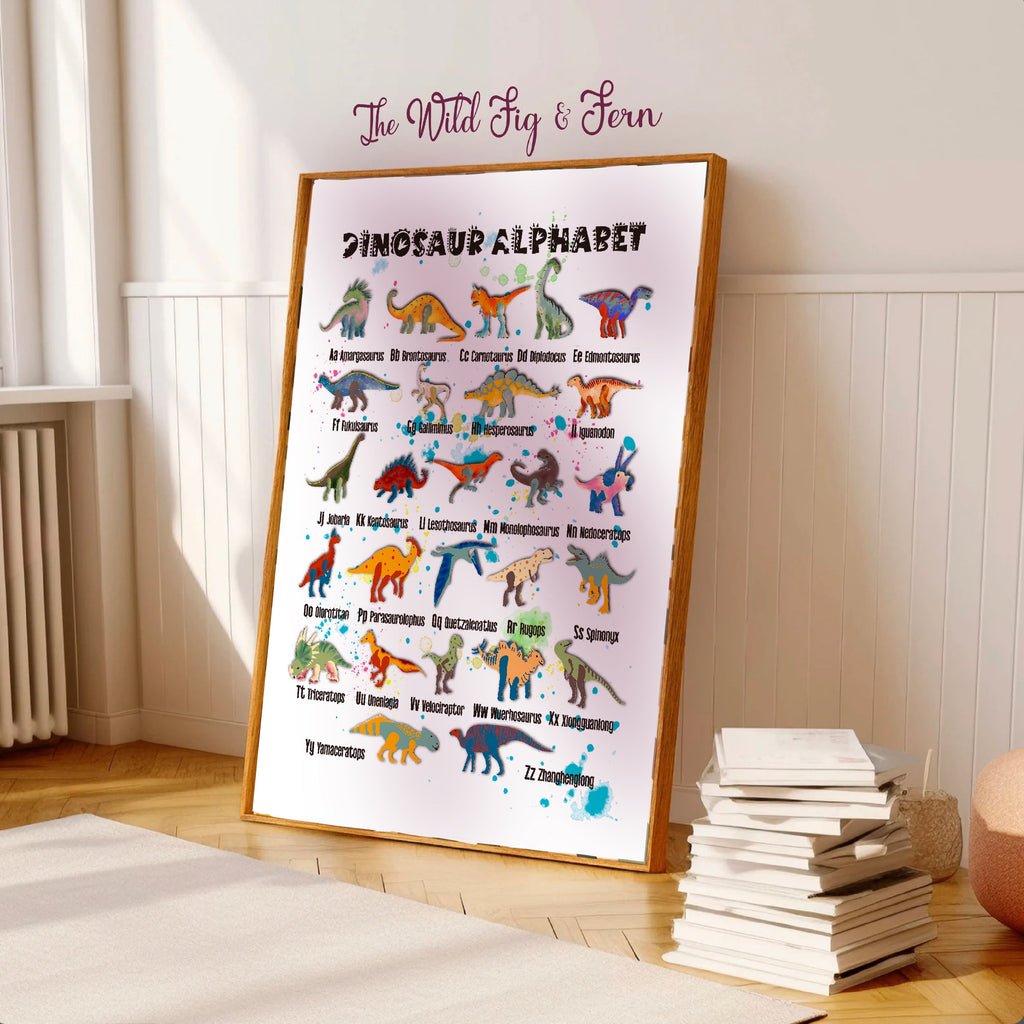 Dinosaur alphabet chart with colorful dinosaur illustrations and their names digital download. instant image, print at home