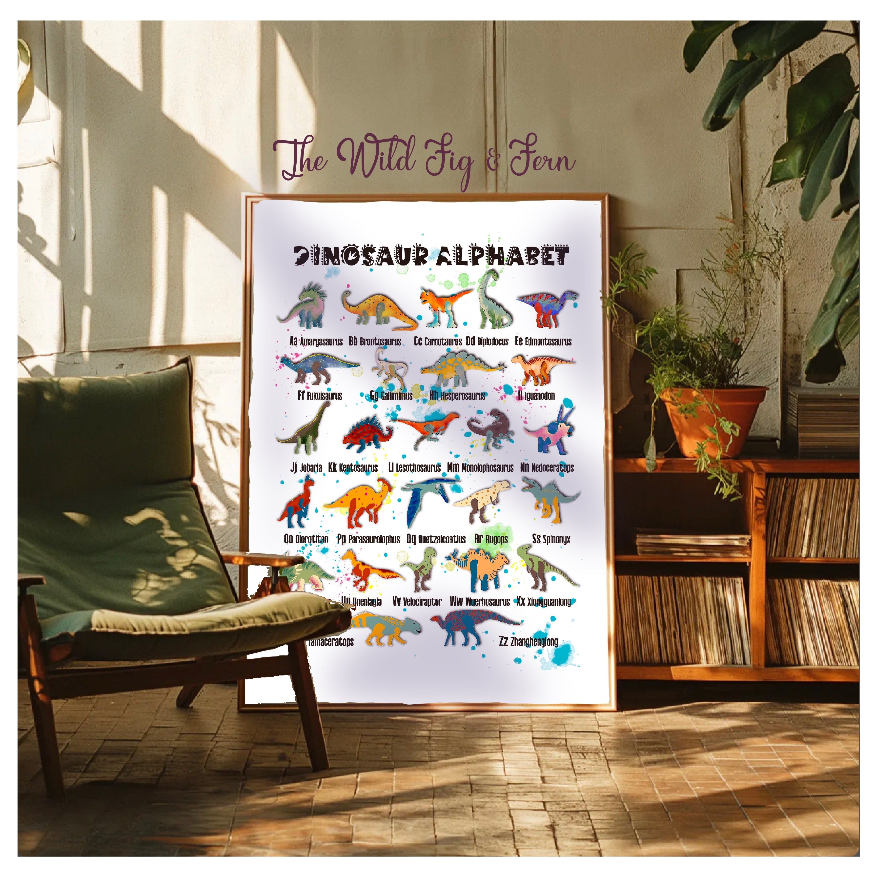 Dinosaur alphabet chart with colorful dinosaur illustrations and their names digital download. instant image, print at home