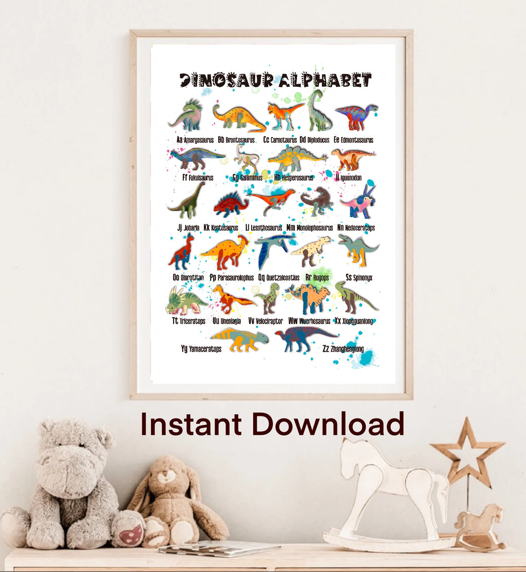 Dinosaur alphabet chart with colorful dinosaur illustrations and their names digital download. instant image, print at home