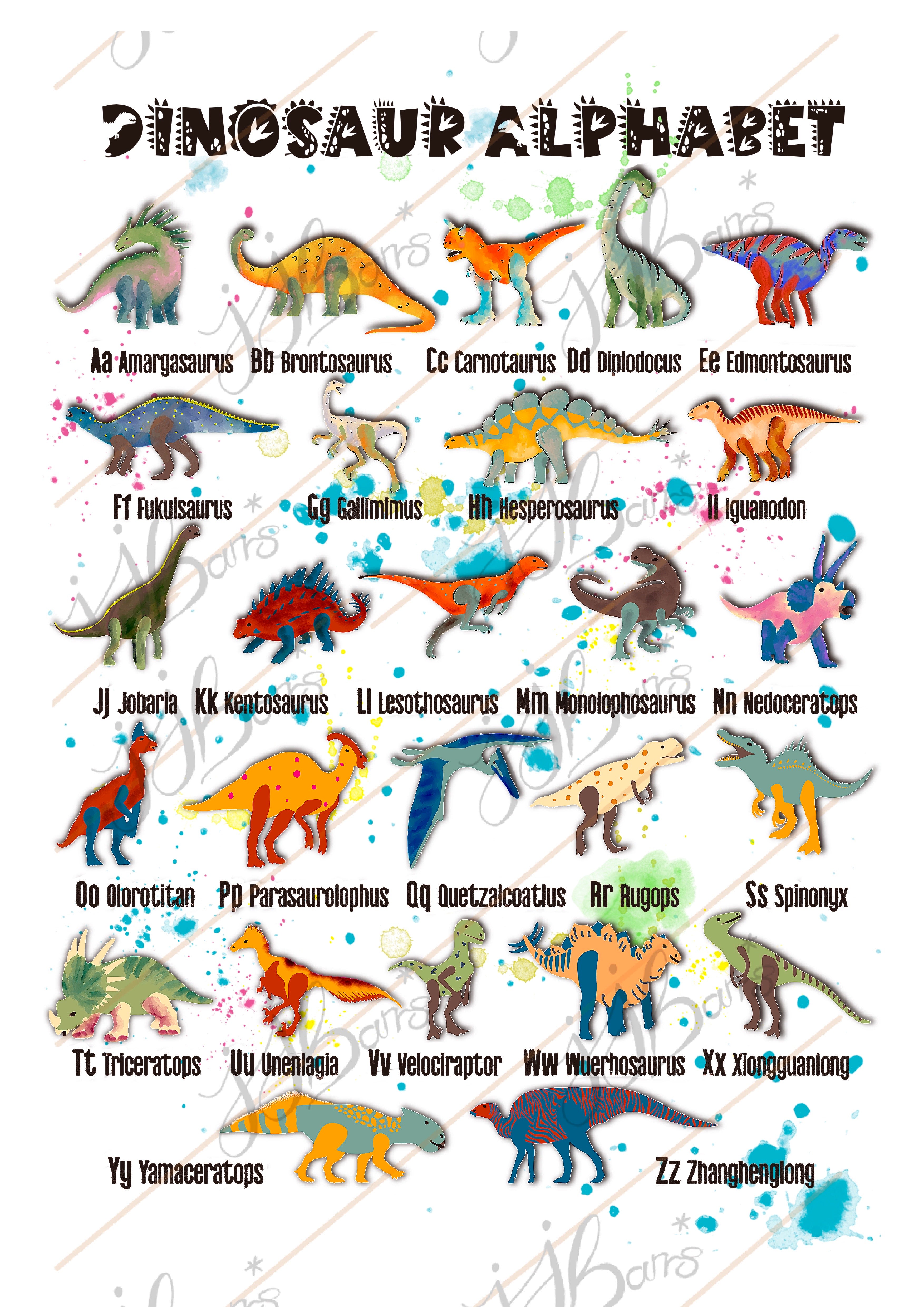 Dinosaur alphabet chart with colorful dinosaur illustrations and their names digital download. instant image, print at home