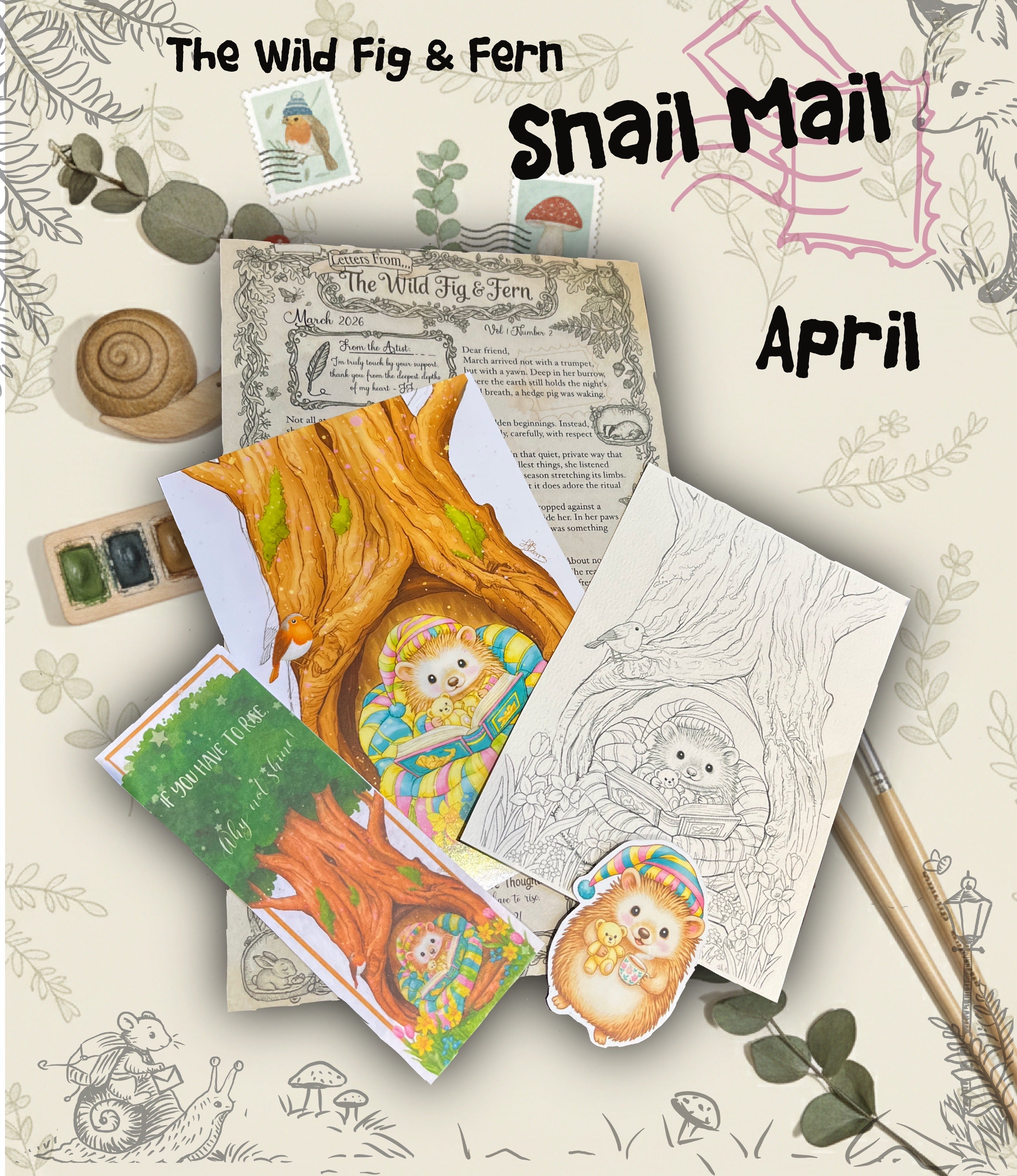The Wild Fig & Fern Secret Snail Mail 🐌-shhh dont tell anyone world wide postage, the wild fig and fern uk snail mail, monthly mail club, art & painting watercolour, bookmark and sticker with a nostalgic letter and moment of quiet
