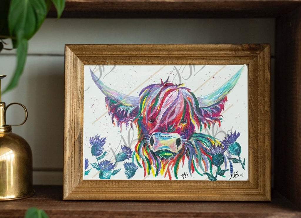 Highland cow Oil Painting Print - The Wild Fig & Fern Buttercups Tearoom, JJ Barrs Art, Colourful Art, Gift Ideas, Market Harborough, Places to visit Leicestershire, Child Friendly, crafts, handmade, Highland cow Oil Painting Print