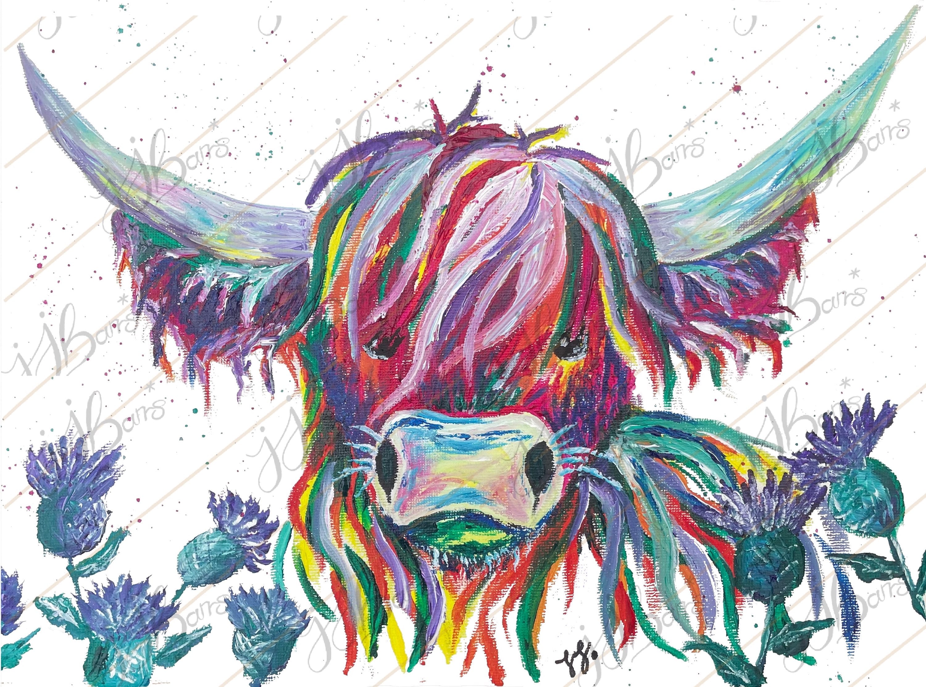 Highland cow Oil Painting Print - The Wild Fig & Fern Buttercups Tearoom, JJ Barrs Art, Colourful Art, Gift Ideas, Market Harborough, Places to visit Leicestershire, Child Friendly, crafts, handmade, Highland cow Oil Painting Print