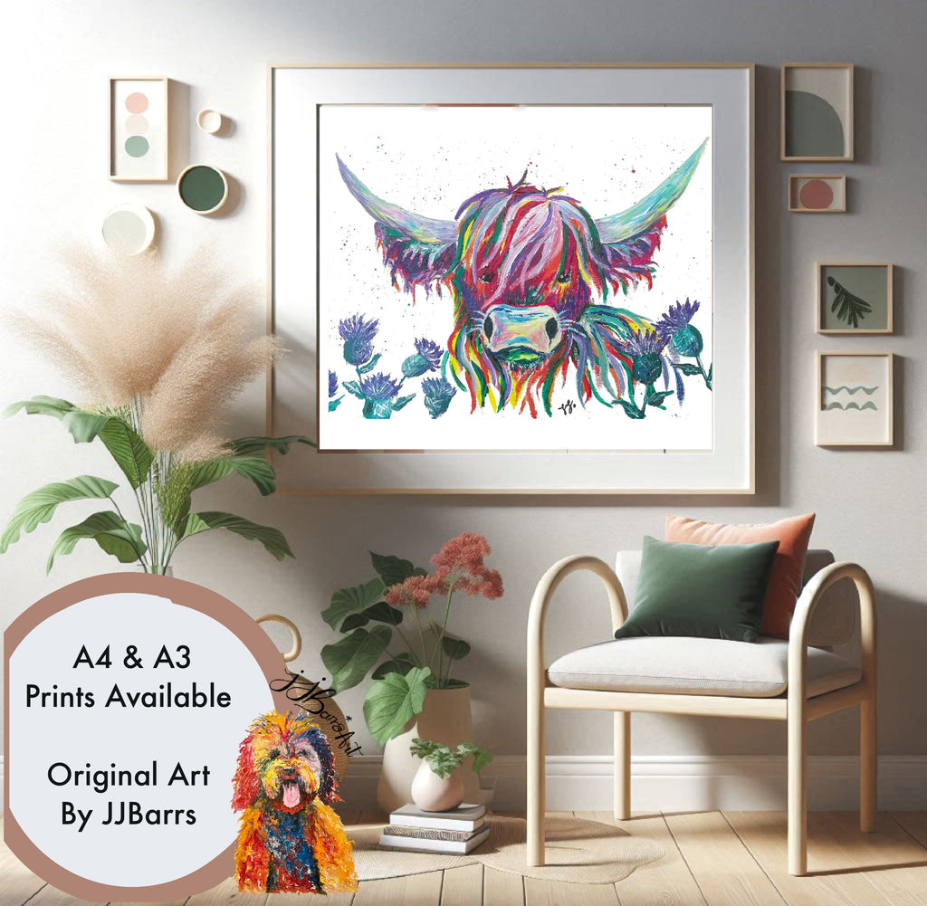 Highland cow Oil Painting Print - The Wild Fig & Fern Buttercups Tearoom, JJ Barrs Art, Colourful Art, Gift Ideas, Market Harborough, Places to visit Leicestershire, Child Friendly, crafts, handmade, Highland cow Oil Painting Print