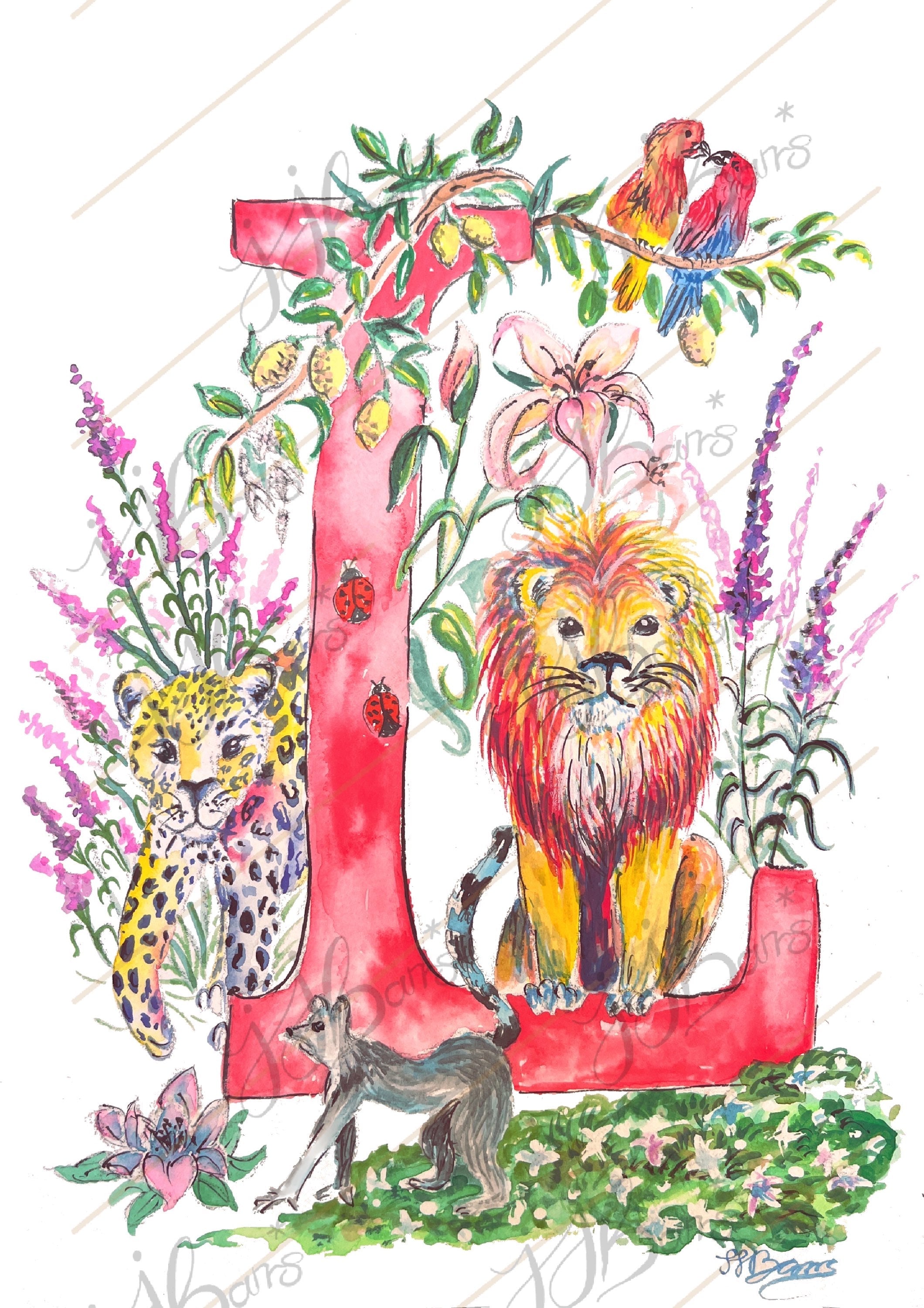 *L* A4/A3 Custom Name And Letter, Watercolour Art Print-The Wild Fig &amp; Fern