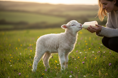 Person feeding a lamb with a bottle in a grassy field during sunset. at buttercups tearoom