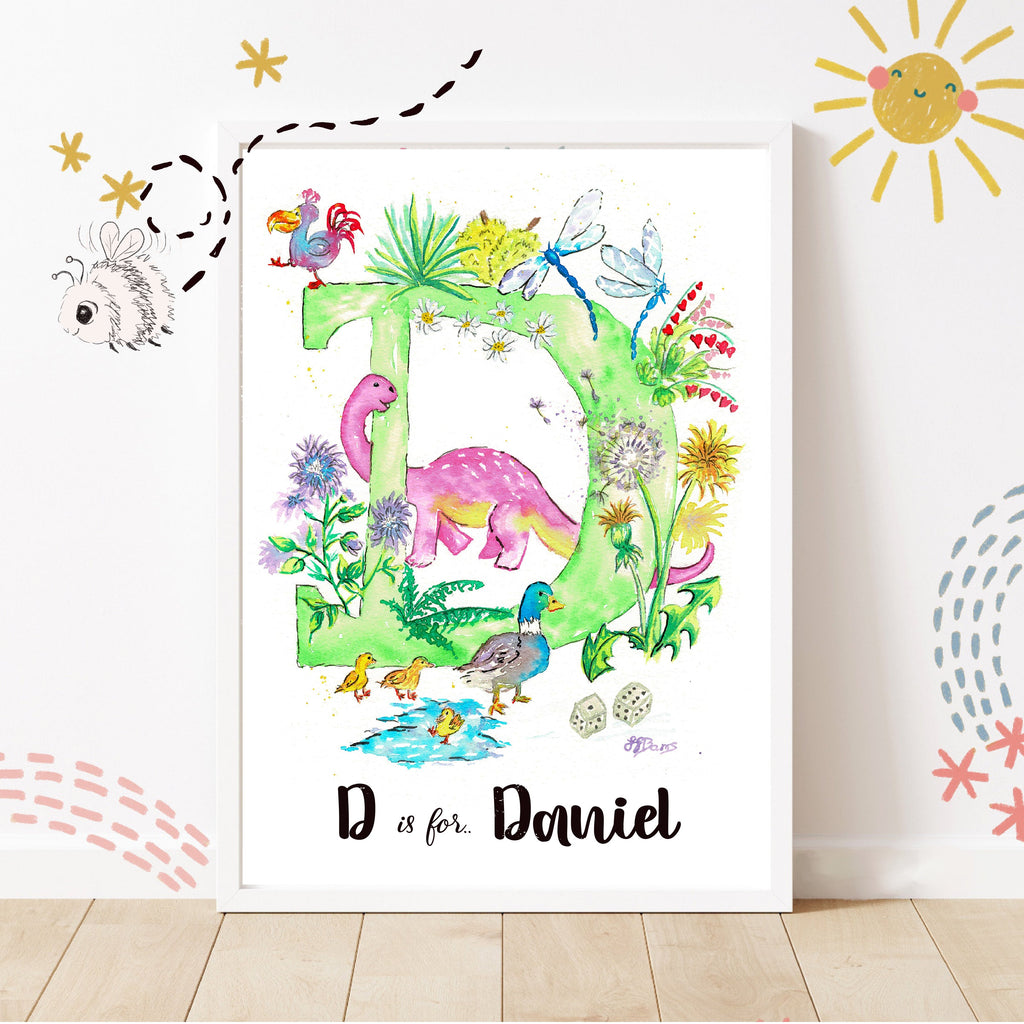 Letter *D* A4/A3 Custom Name and Letter, Watercolour Art Print - The Wild Fig & Fern Buttercups Tearoom, JJ Barrs Art, Colourful Art, Gift Ideas, Market Harborough, Places to visit Leicestershire, Child Friendly, crafts, handmade, Letter *D* A4/A3 Custom Name and Letter, Watercolour Art Print