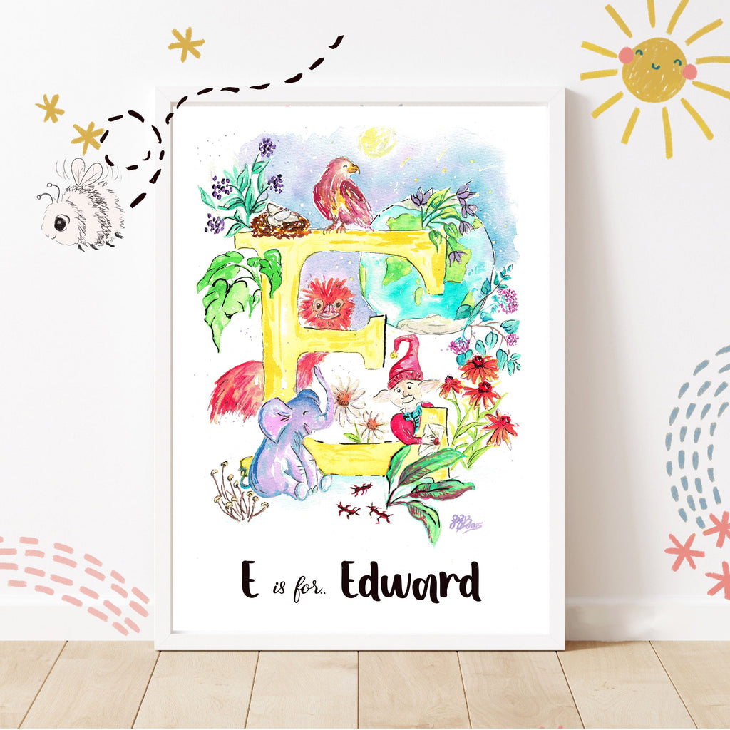 Letter *E* A4/A3 Custom Name and Letter, Watercolour Art Print - The Wild Fig & Fern Buttercups Tearoom, JJ Barrs Art, Colourful Art, Gift Ideas, Market Harborough, Places to visit Leicestershire, Child Friendly, crafts, handmade, Letter *E* A4/A3 Custom Name and Letter, Watercolour Art Print