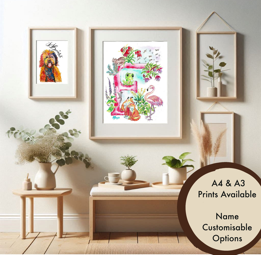 Letter *F* A4/A3 Custom Name And Letter, Watercolour Art Print - The Wild Fig & Fern Buttercups Tearoom, JJ Barrs Art, Colourful Art, Gift Ideas, Market Harborough, Places to visit Leicestershire, Child Friendly, crafts, handmade, Letter *F* A4/A3 Custom Name And Letter, Watercolour Art Print