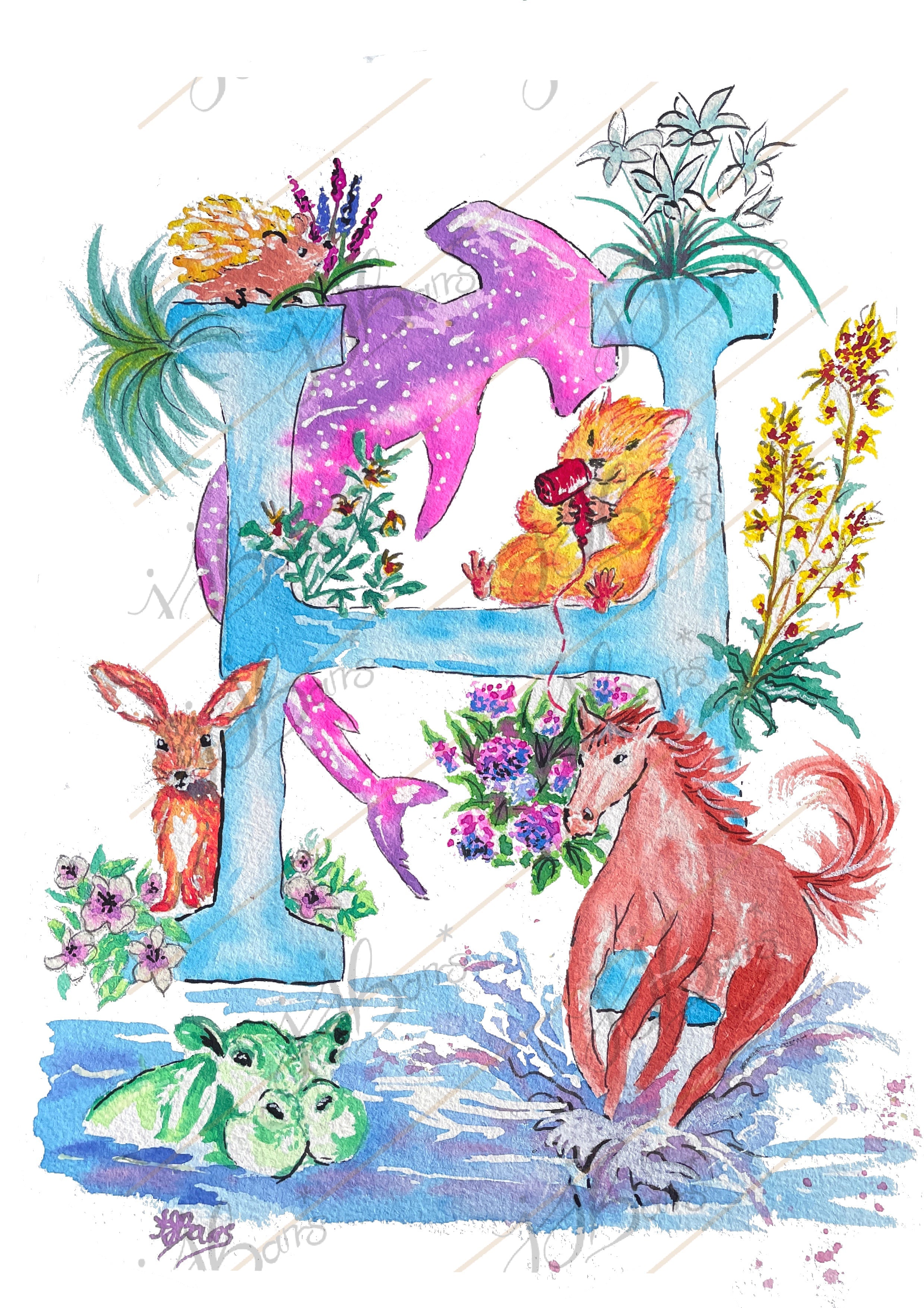 Letter *H* A4/A3 Custom Name And Letter, Watercolour Art Print-The Wild Fig &amp; Fern