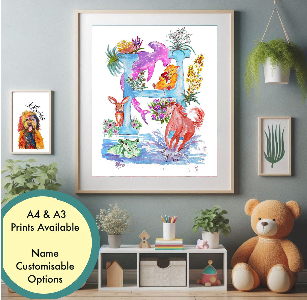 Letter *H* A4/A3 Custom Name And Letter, Watercolour Art Print-The Wild Fig &amp; Fern