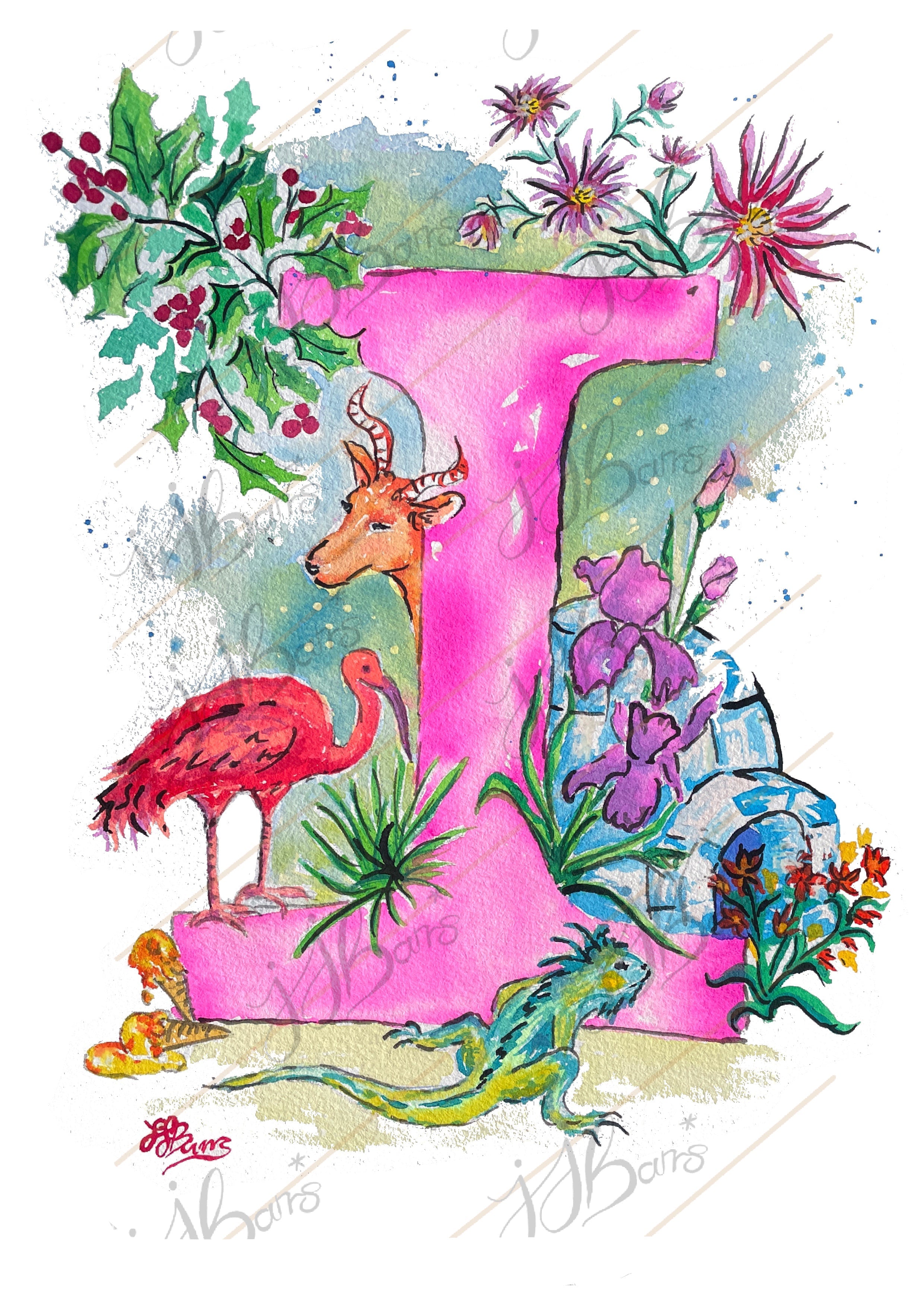 Letter *I* A4/A3 Custom Name And Letter, Watercolour Art Print-The Wild Fig &amp; Fern