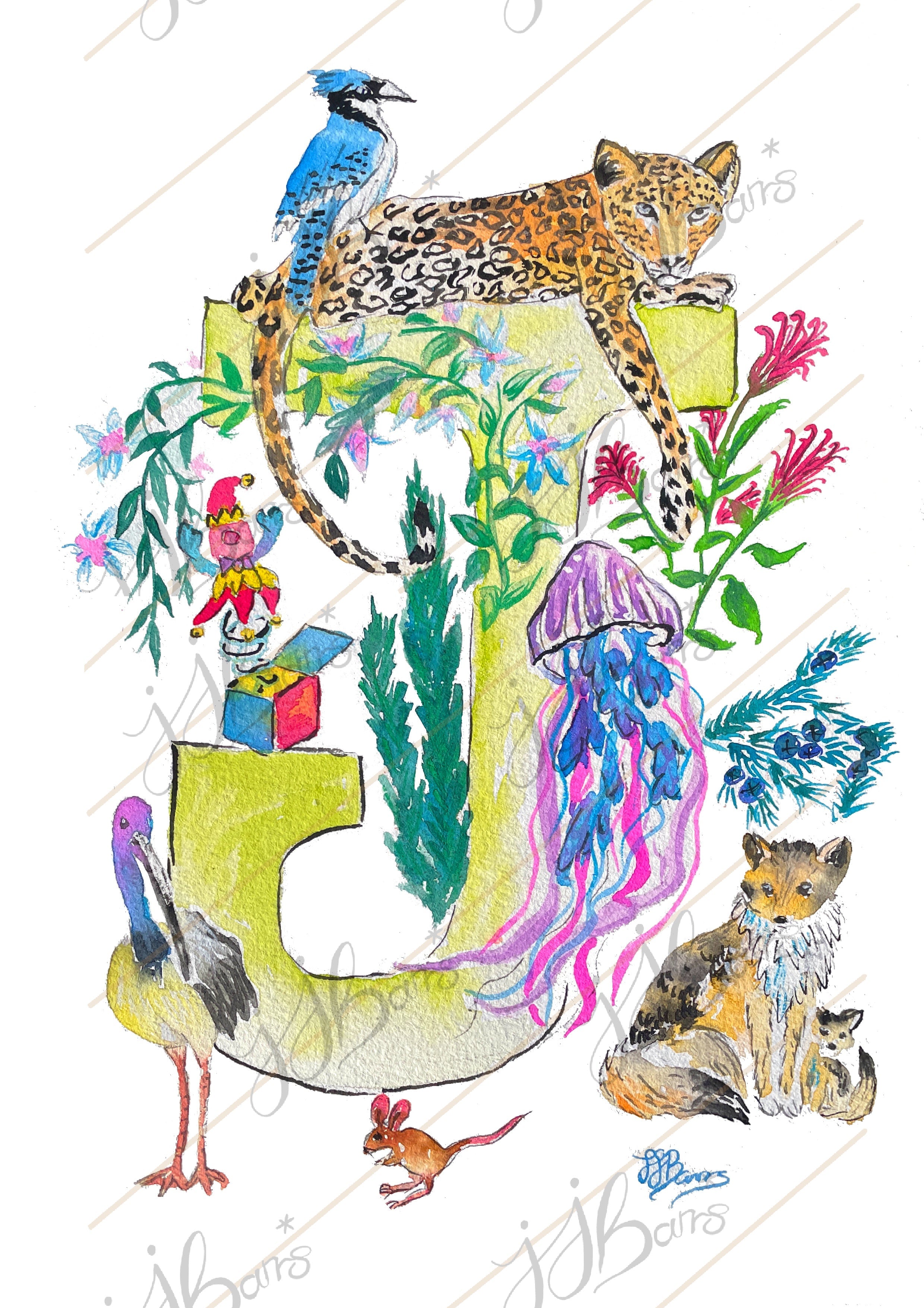 Letter *J* A4/A3 Custom Name And Letter, Watercolour Art Print-The Wild Fig &amp; Fern