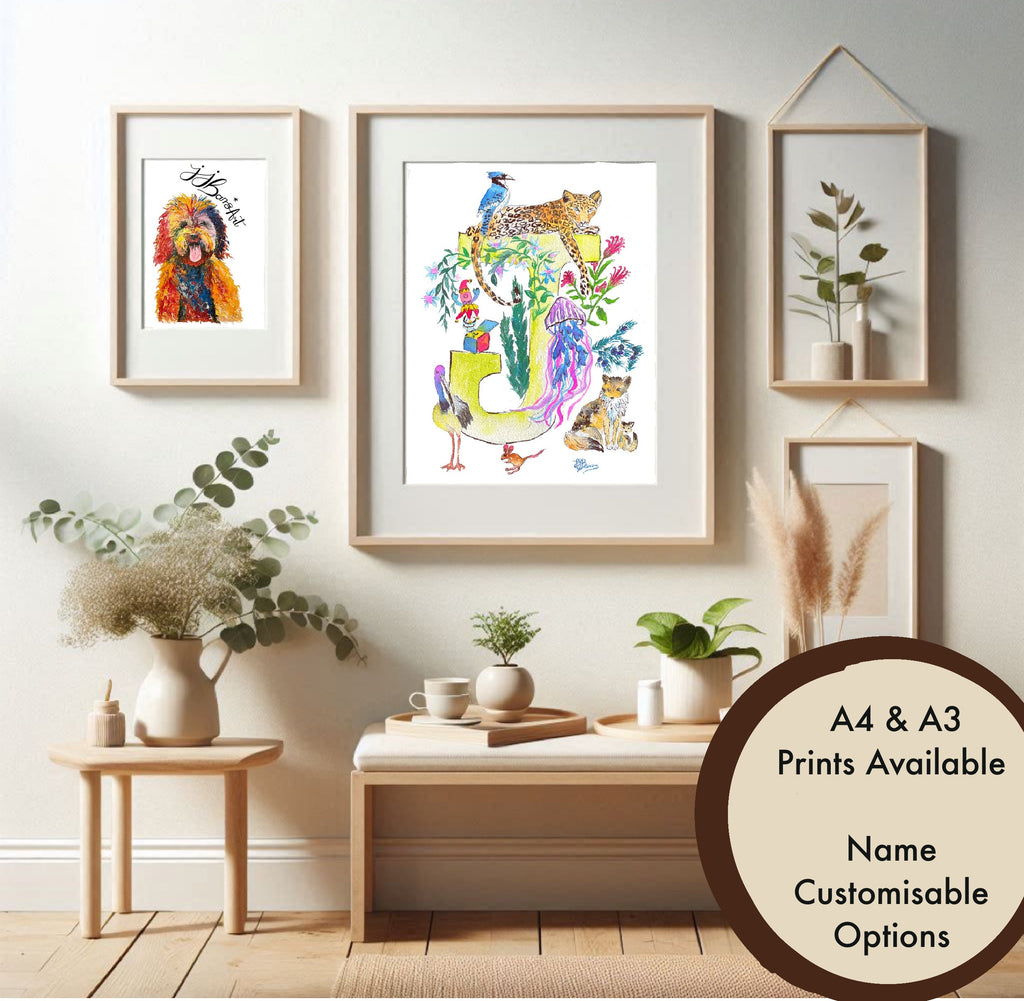 Letter *J* A4/A3 Custom Name And Letter, Watercolour Art Print-The Wild Fig &amp; Fern