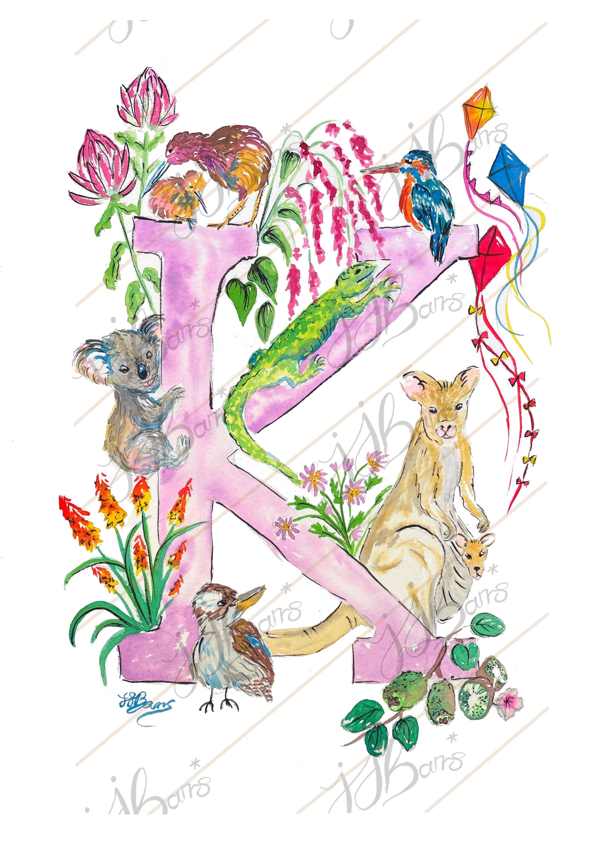 Letter *K* A4/A3 Custom Name And Letter, Watercolour Art Print-The Wild Fig &amp; Fern