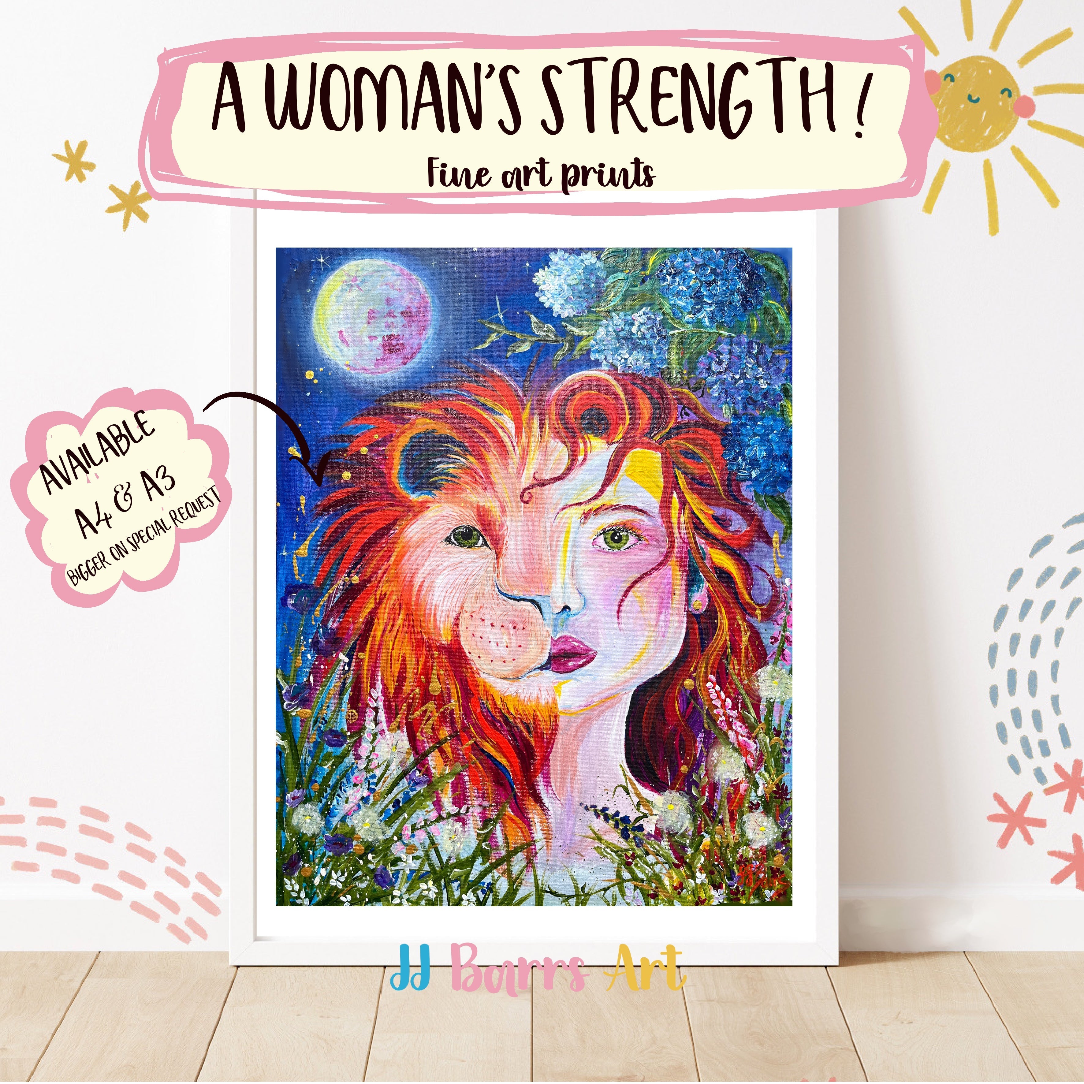 Lion lady JJ Barrs using colourful acrylicl fine art Painting Print-The Wild Fig &amp; Fern