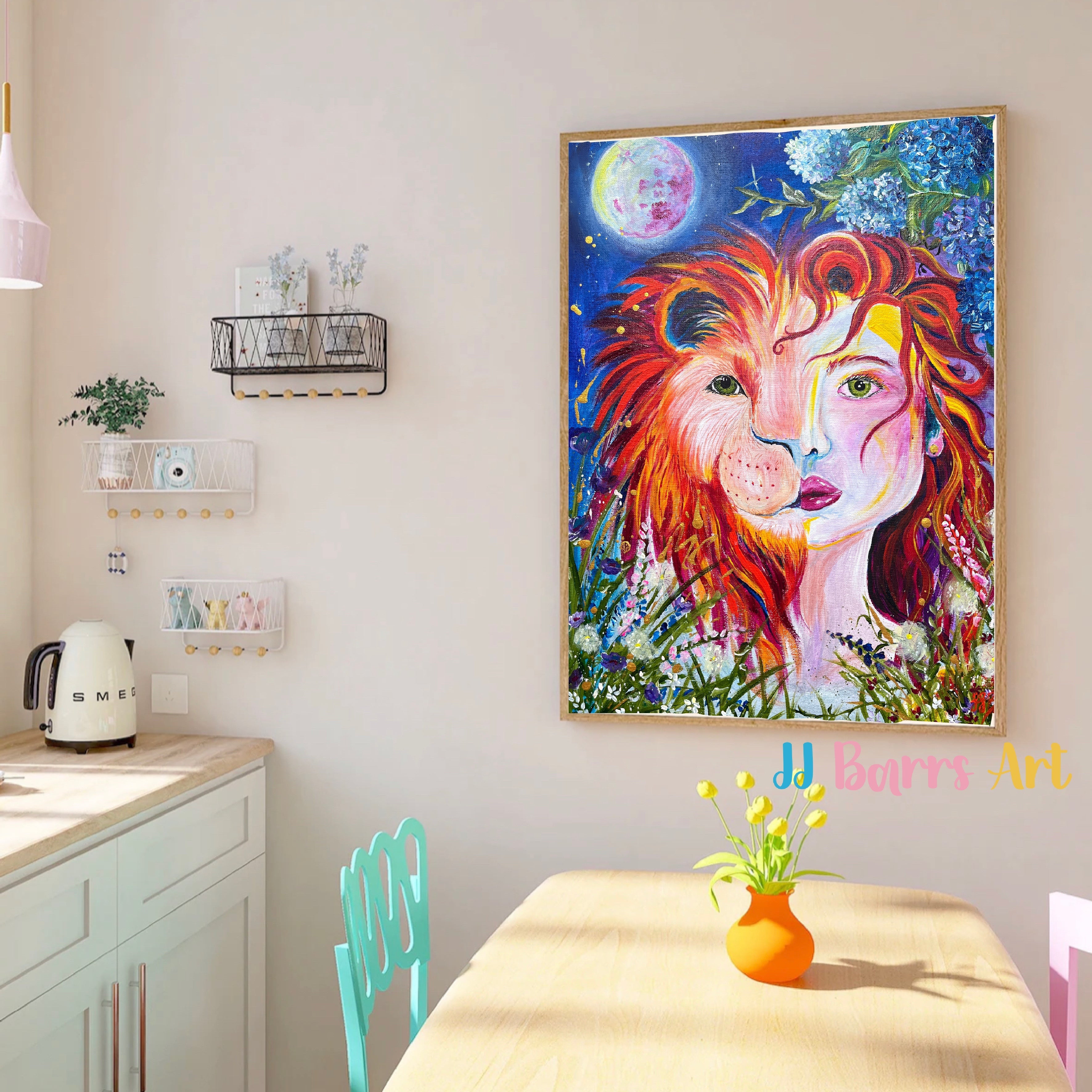 Lion lady JJ Barrs using colourful acrylicl fine art Painting Print-The Wild Fig &amp; Fern