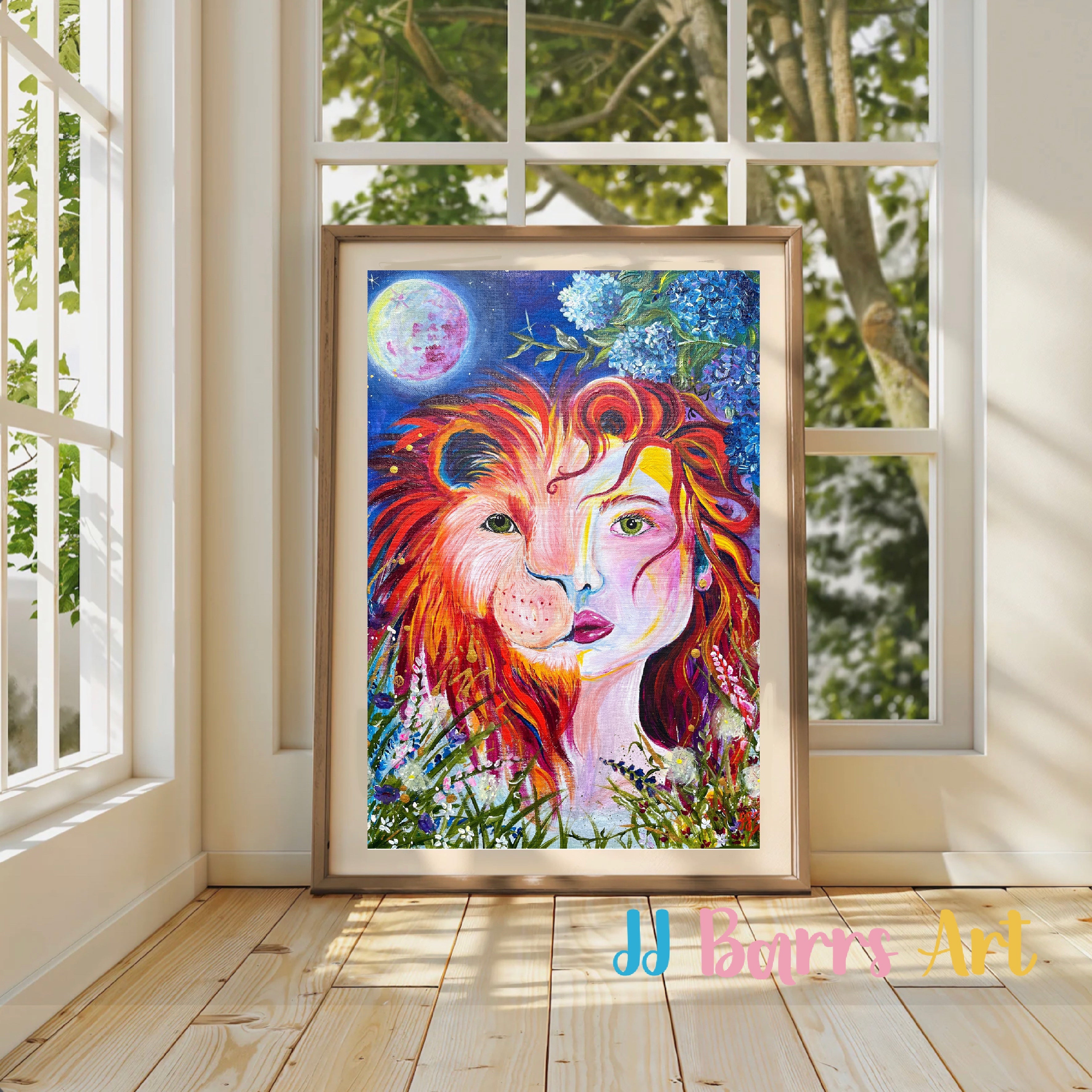 Lion lady JJ Barrs using colourful acrylicl fine art Painting Print-The Wild Fig &amp; Fern