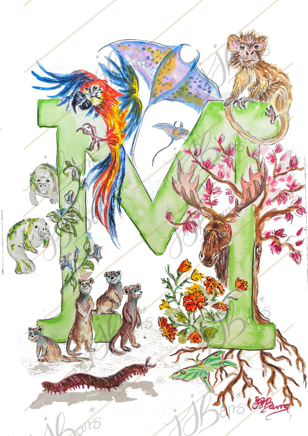 *M* A4/A3 Custom Name And Letter, Watercolour Art Print - The Wild Fig & Fern Buttercups Tearoom, JJ Barrs Art, Colourful Art, Gift Ideas, Market Harborough, Places to visit Leicestershire, Child Friendly, crafts, handmade, *M* A4/A3 Custom Name And Letter, Watercolour Art Print