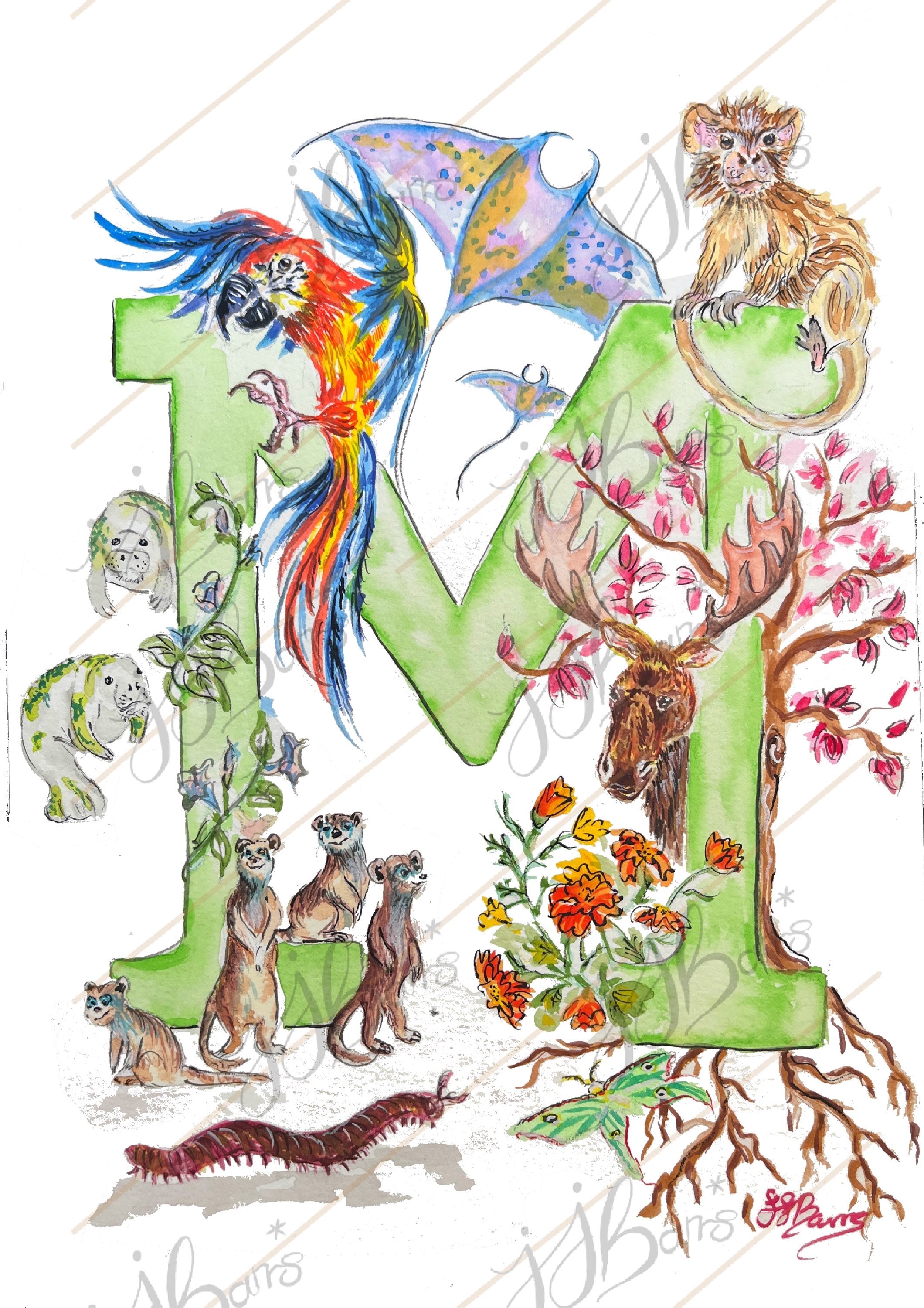 *M* A4/A3 Custom Name And Letter, Watercolour Art Print - The Wild Fig & Fern Buttercups Tearoom, JJ Barrs Art, Colourful Art, Gift Ideas, Market Harborough, Places to visit Leicestershire, Child Friendly, crafts, handmade, *M* A4/A3 Custom Name And Letter, Watercolour Art Print