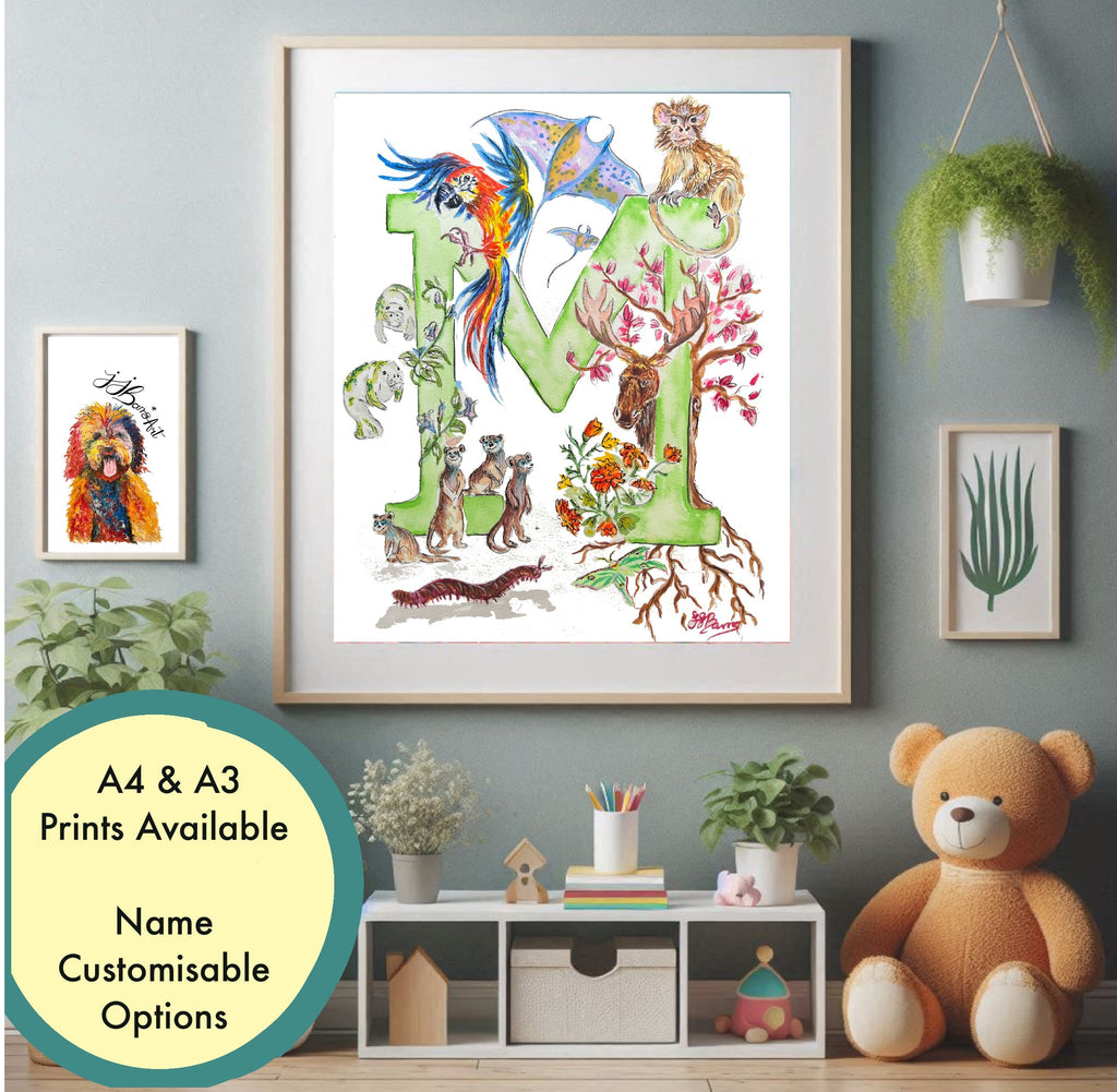 *M* A4/A3 Custom Name And Letter, Watercolour Art Print - The Wild Fig & Fern Buttercups Tearoom, JJ Barrs Art, Colourful Art, Gift Ideas, Market Harborough, Places to visit Leicestershire, Child Friendly, crafts, handmade, *M* A4/A3 Custom Name And Letter, Watercolour Art Print