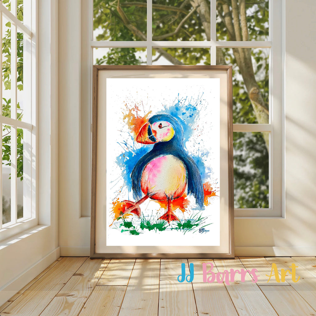 Mr Puff Puffin By JJ Barrs using colourful watercolour l fine art Painting Print-The Wild Fig &amp; Fern