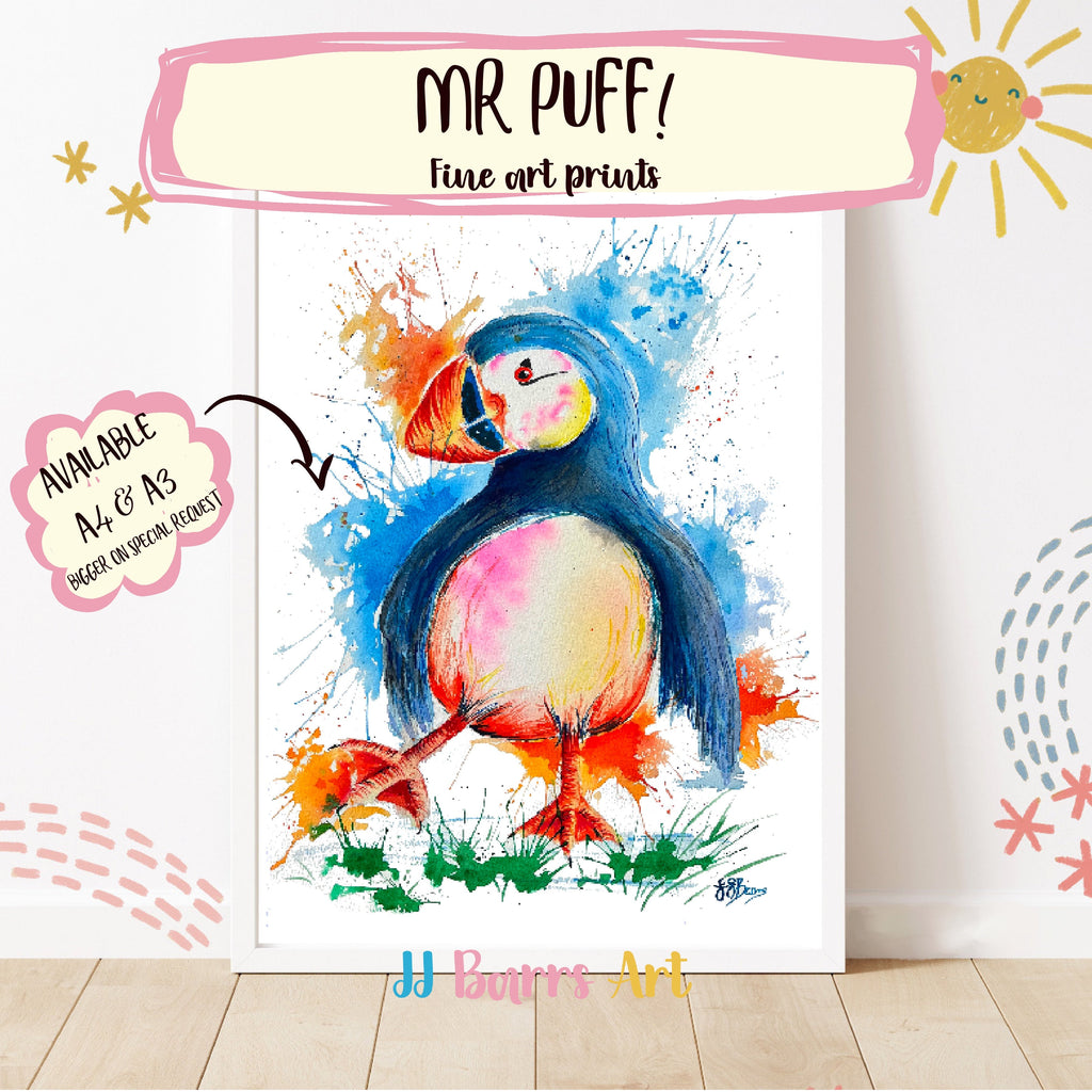 Mr Puff Puffin By JJ Barrs using colourful watercolour l fine art Painting Print-The Wild Fig &amp; Fern
