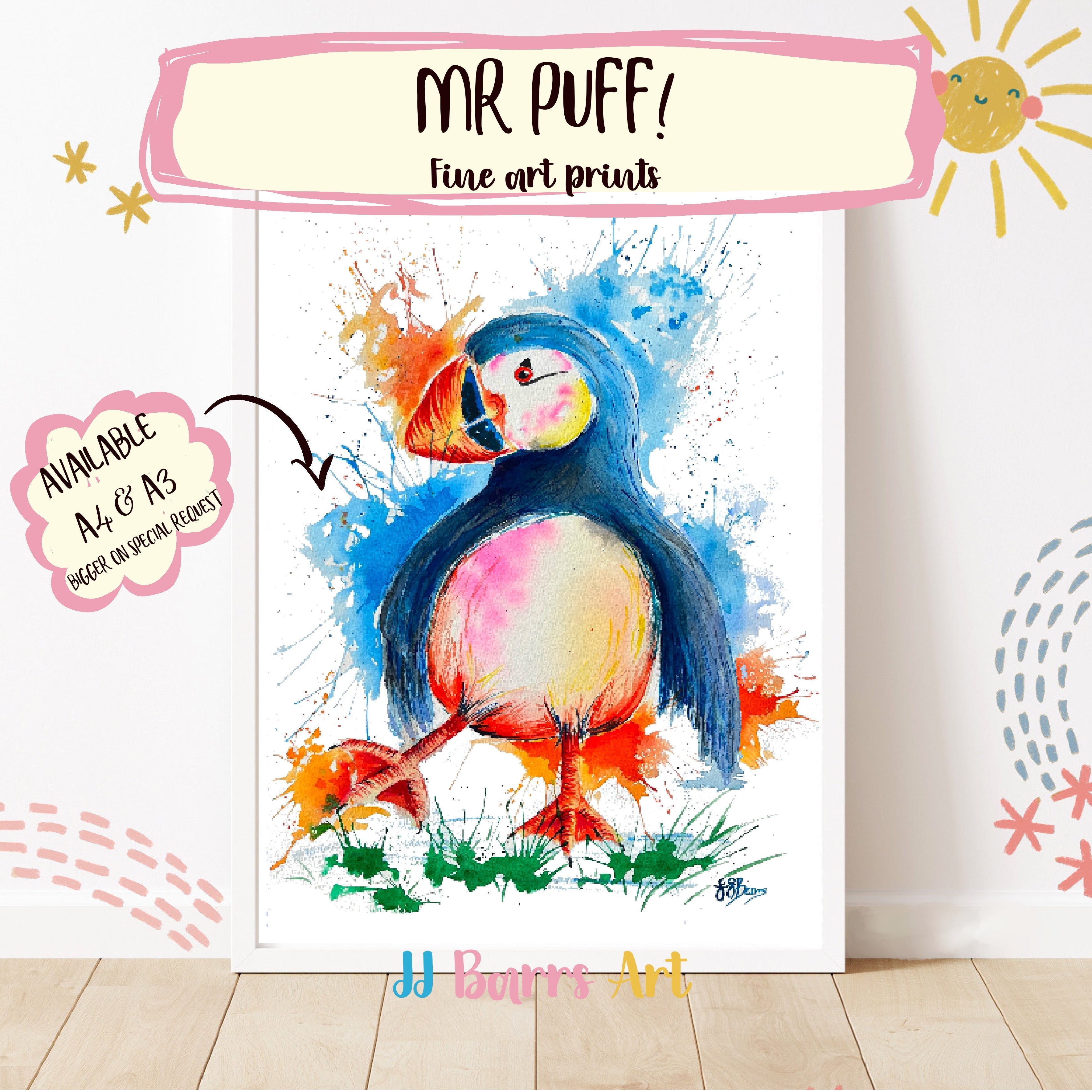 Mr Puff Puffin By JJ Barrs using colourful watercolour l fine art Painting Print-The Wild Fig &amp; Fern
