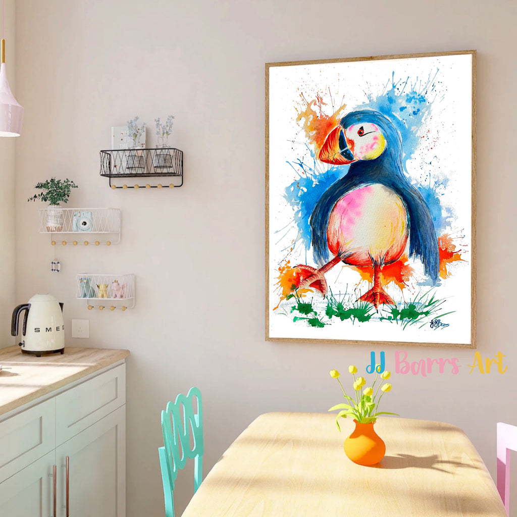 Mr Puff Puffin By JJ Barrs using colourful watercolour l fine art Painting Print-The Wild Fig &amp; Fern