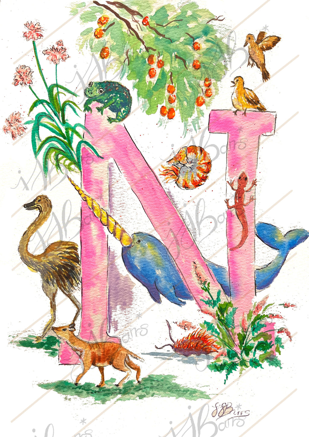 *N* A4/A3 Custom Name And Letter, Watercolour Art Print - The Wild Fig & Fern Buttercups Tearoom, JJ Barrs Art, Colourful Art, Gift Ideas, Market Harborough, Places to visit Leicestershire, Child Friendly, crafts, handmade, *N* A4/A3 Custom Name And Letter, Watercolour Art Print