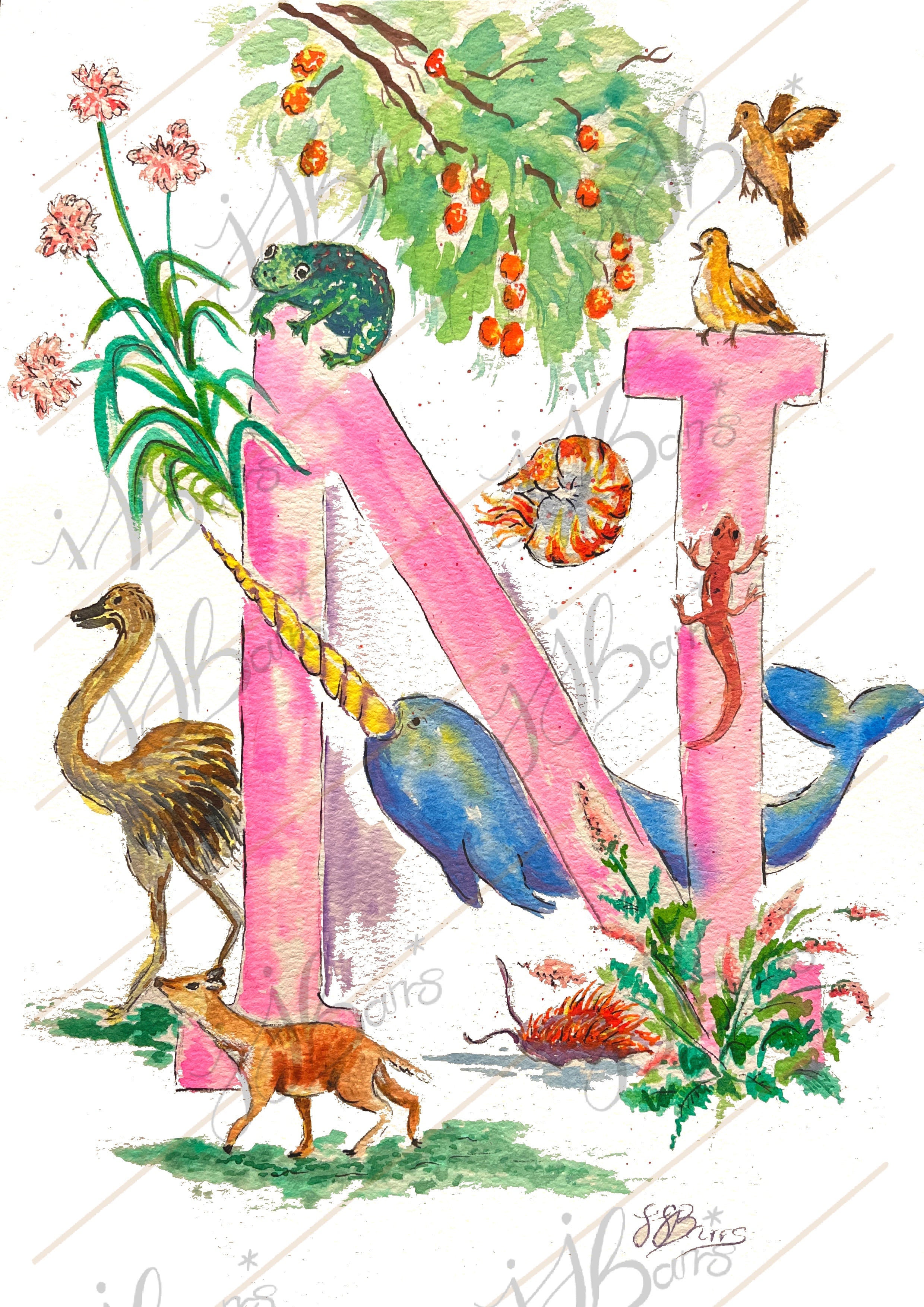 *N* A4/A3 Custom Name And Letter, Watercolour Art Print - The Wild Fig & Fern Buttercups Tearoom, JJ Barrs Art, Colourful Art, Gift Ideas, Market Harborough, Places to visit Leicestershire, Child Friendly, crafts, handmade, *N* A4/A3 Custom Name And Letter, Watercolour Art Print