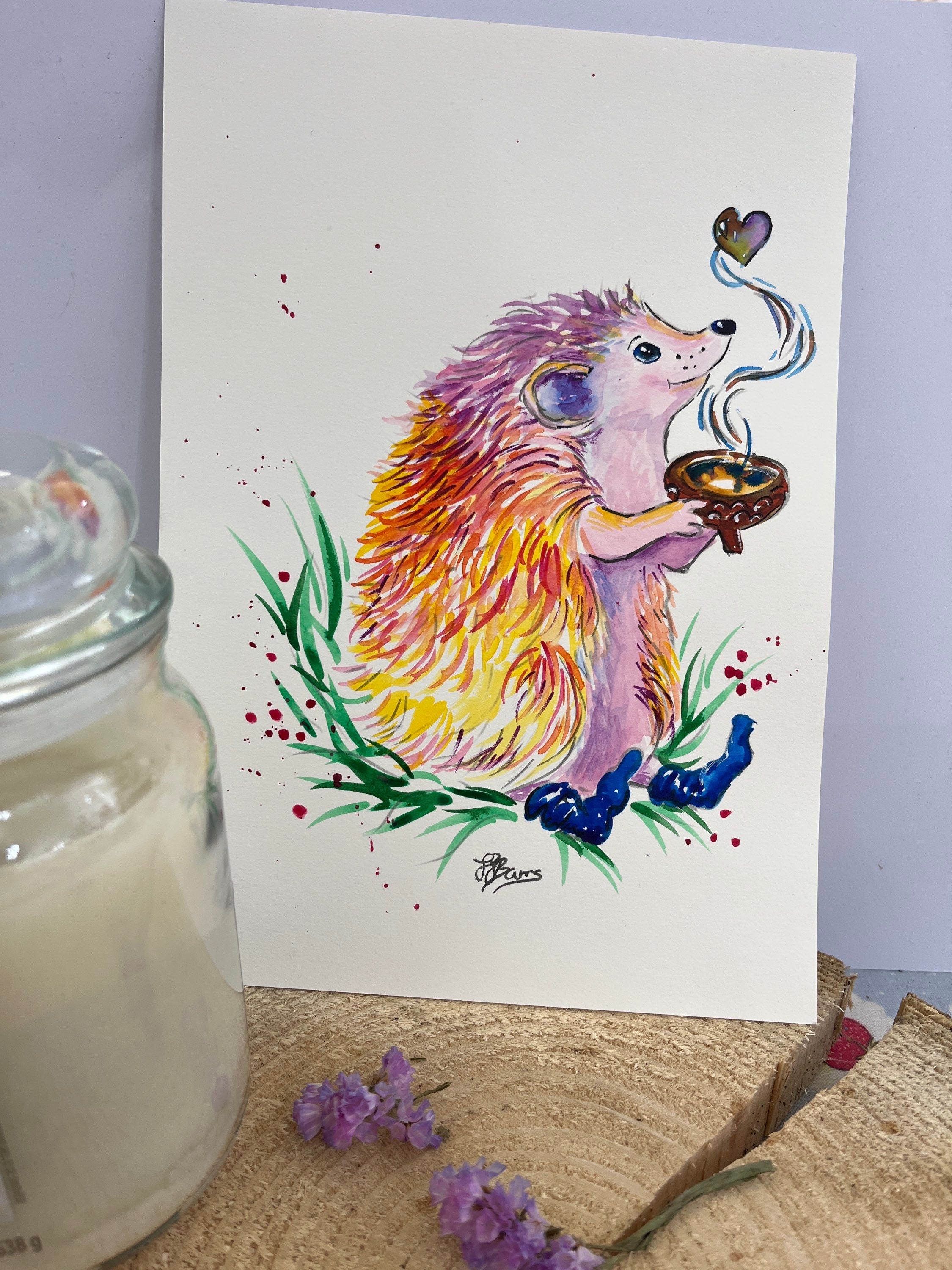Original Painting rainbow hedgehog in watercolour-The Wild Fig &amp; Fern