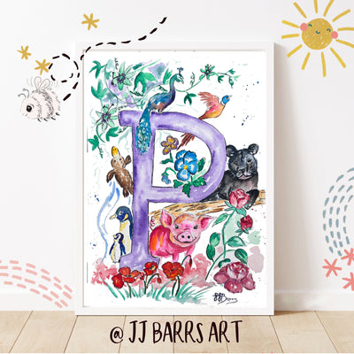 *P* A4/A3 Custom Name And Letter, Watercolour Art Print - The Wild Fig & Fern Buttercups Tearoom, JJ Barrs Art, Colourful Art, Gift Ideas, Market Harborough, Places to visit Leicestershire, Child Friendly, crafts, handmade, *P* A4/A3 Custom Name And Letter, Watercolour Art Print