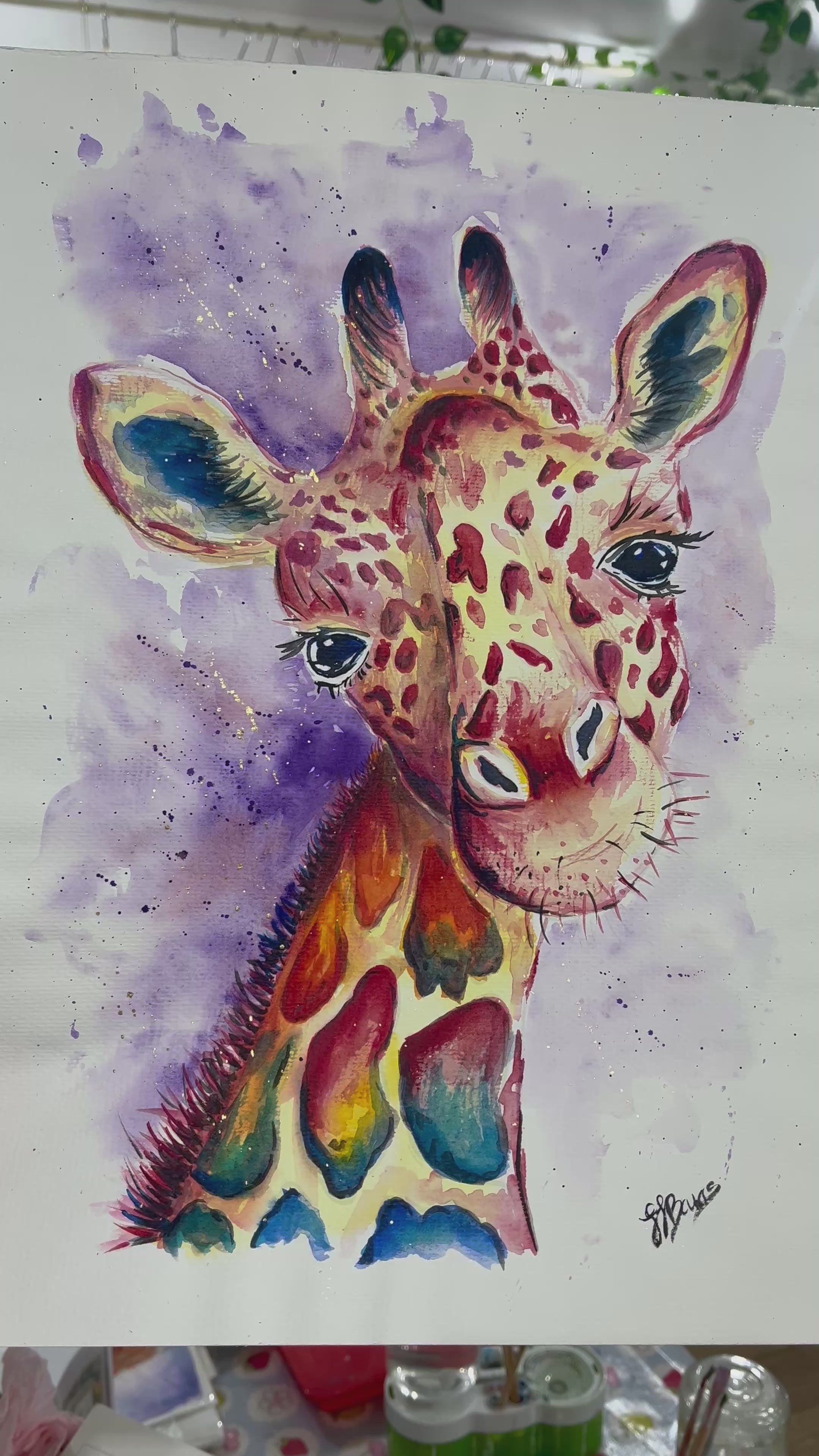 colourful original giraffe watercolour painting by JJ Barrs