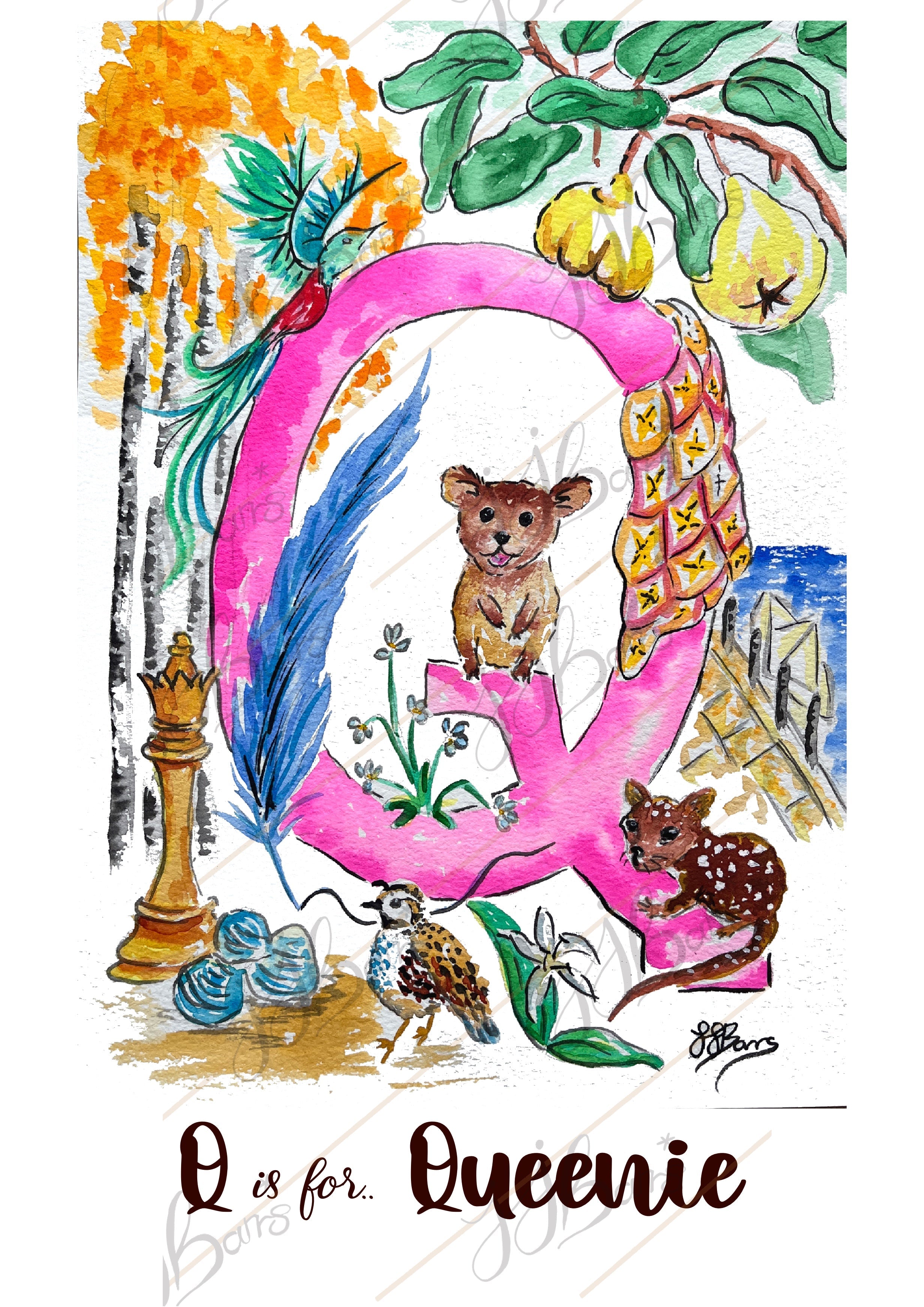 *Q* A4/A3 Custom Name And Letter, Watercolour Art Print-The Wild Fig &amp; Fern