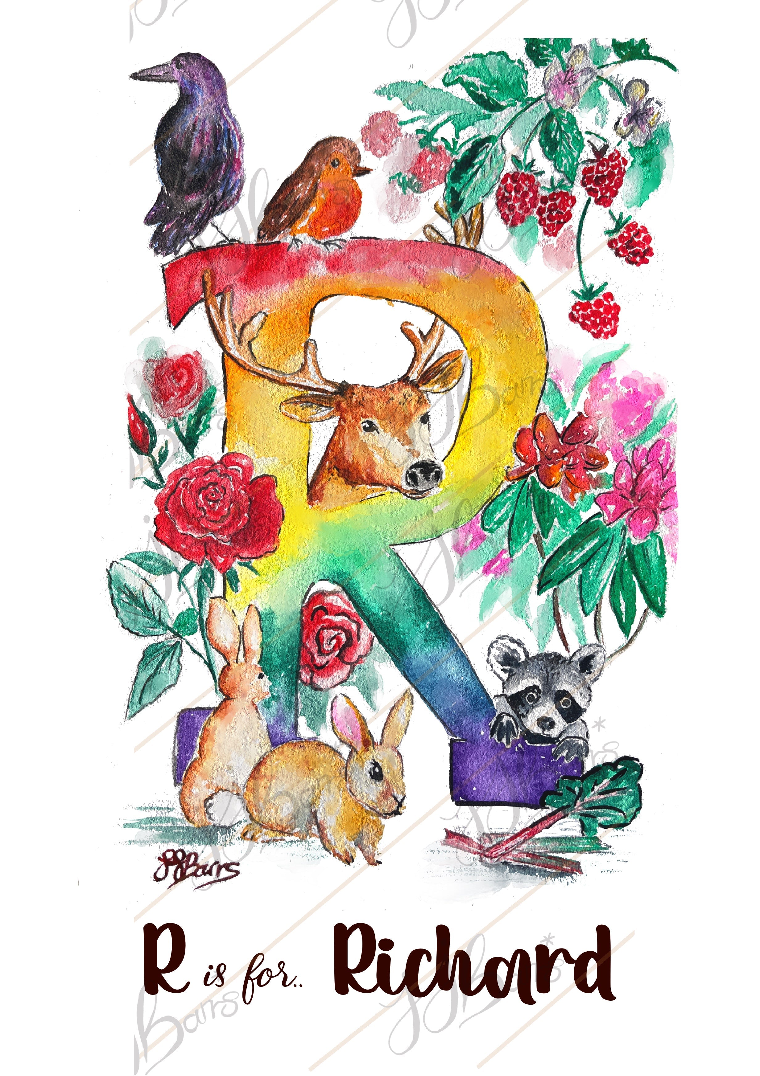 *R* A4/A3 Custom Name And Letter, Watercolour Art Print-The Wild Fig &amp; Fern