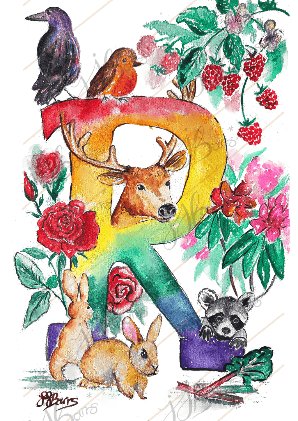 *R* A4/A3 Custom Name And Letter, Watercolour Art Print-The Wild Fig &amp; Fern