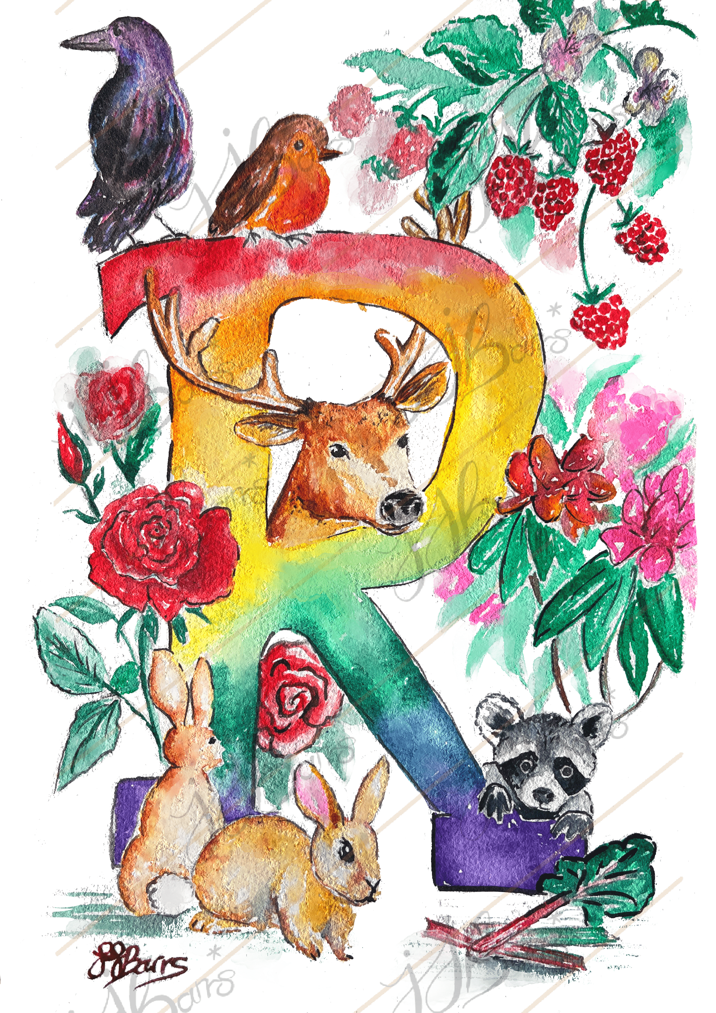 *R* A4/A3 Custom Name And Letter, Watercolour Art Print-The Wild Fig &amp; Fern